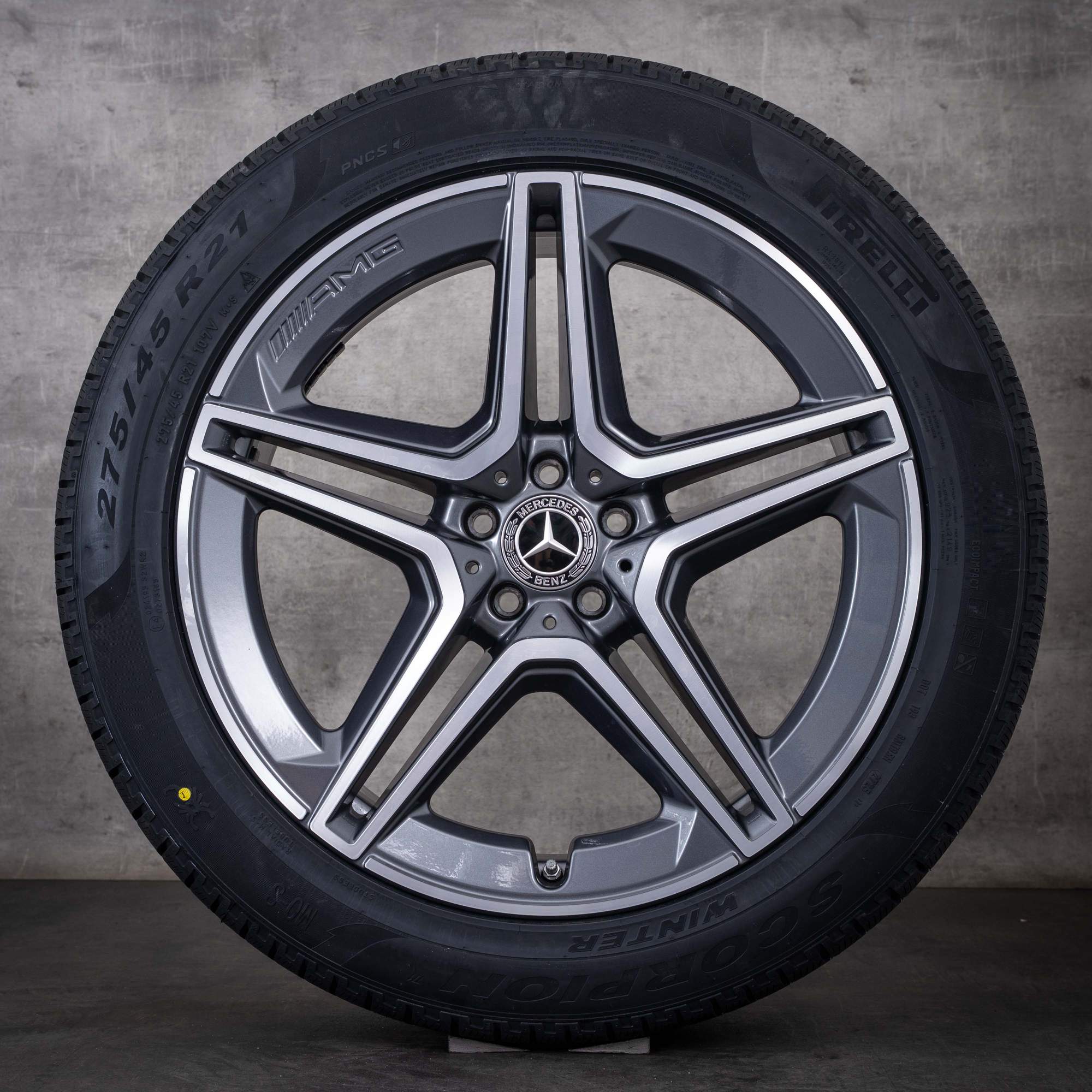 Originální zimní kola Mercedes-Benz GLS AMG 21 palců X167, disky A1674017300 A1674017400, barva himalaya grey, diamond cut