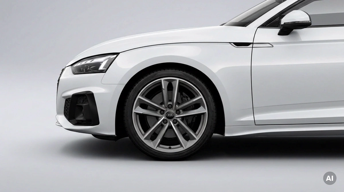 Weißer Audi A5 Coupé mit Original-Felge im 5-Doppelarm-Design in 19 Zoll, titan matt mit glanzgedrehter Vorderseite, Nahaufnahme am Vorderrad