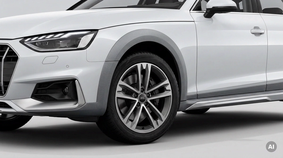 Audi A4 allroad quattro B9: titanově zbarvený originální disk, design s pěti dvojitými paprsky, velikost 18 palců, přední kolo zblízka