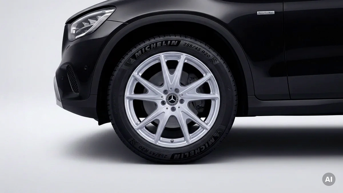 Black Mercedes GLC EQ X540 with an original silver alloy rim, front view