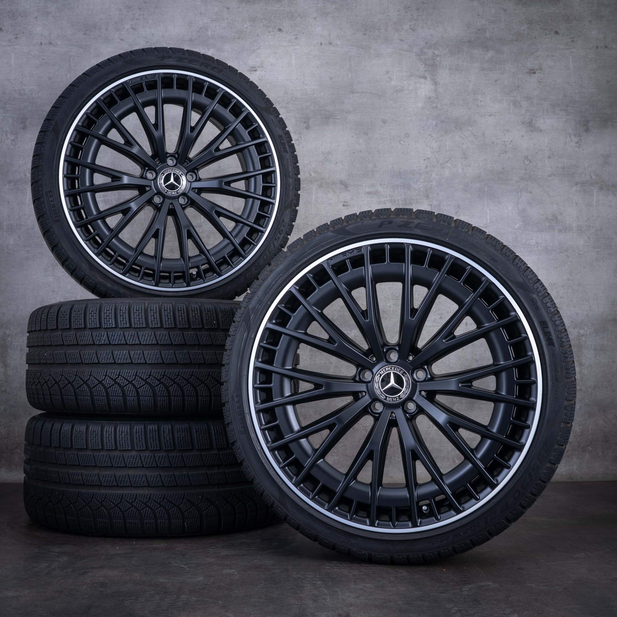 Roues hiver d'origine Mercedes-Benz EQE 43 53 AMG 21 pouces V295 4Matic références A2954012900 A2954013000 noir mat avec jantes diamantées