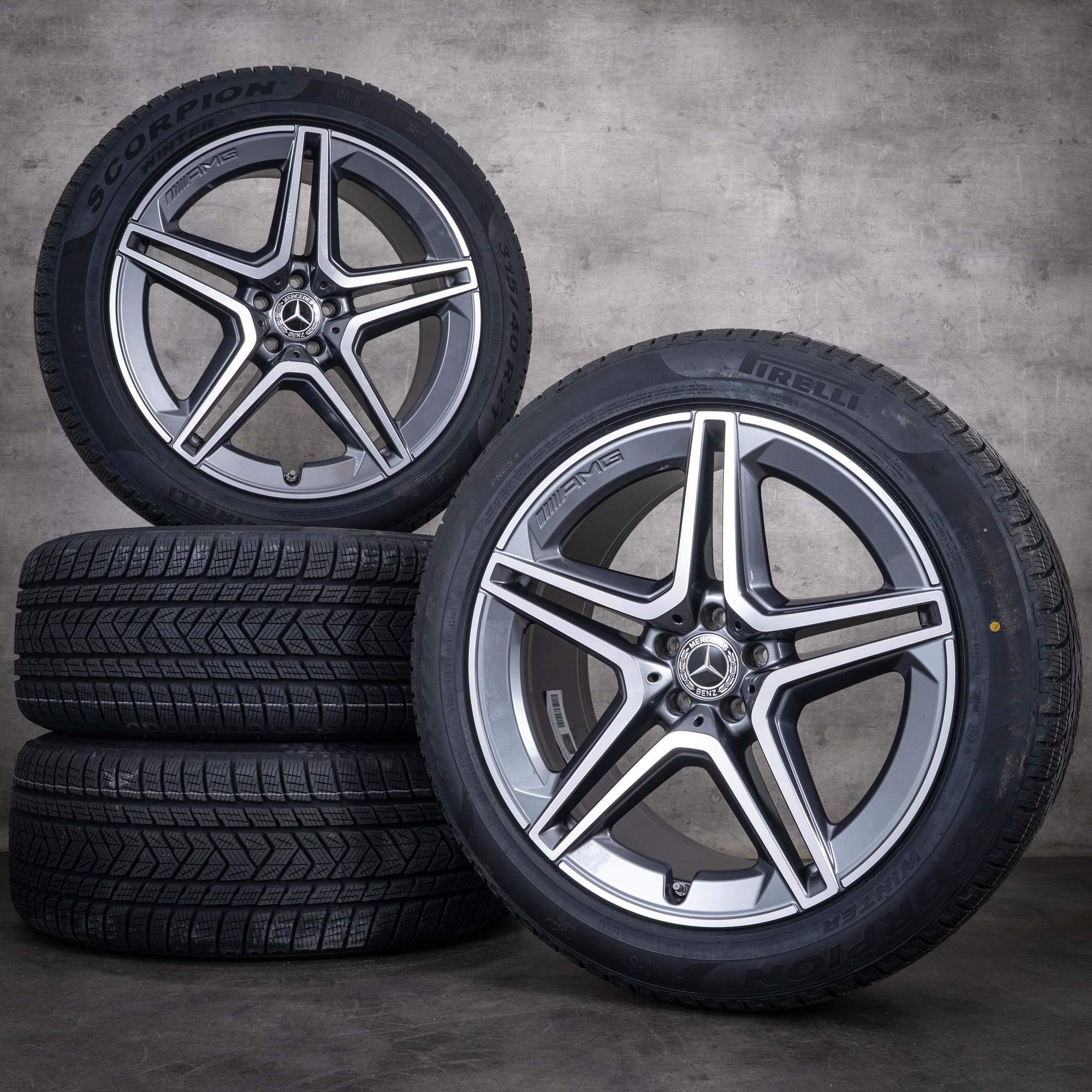 Originální zimní kola Mercedes-Benz GLS AMG 21 palců X167, disky A1674017300 A1674017400, barva himalaya grey, diamond cut