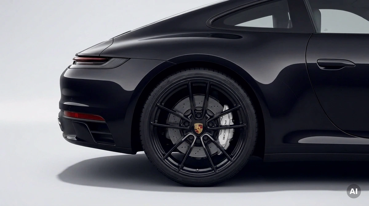 Close-up of an OEM Porsche alloy wheel on the rear of a 911 992 II