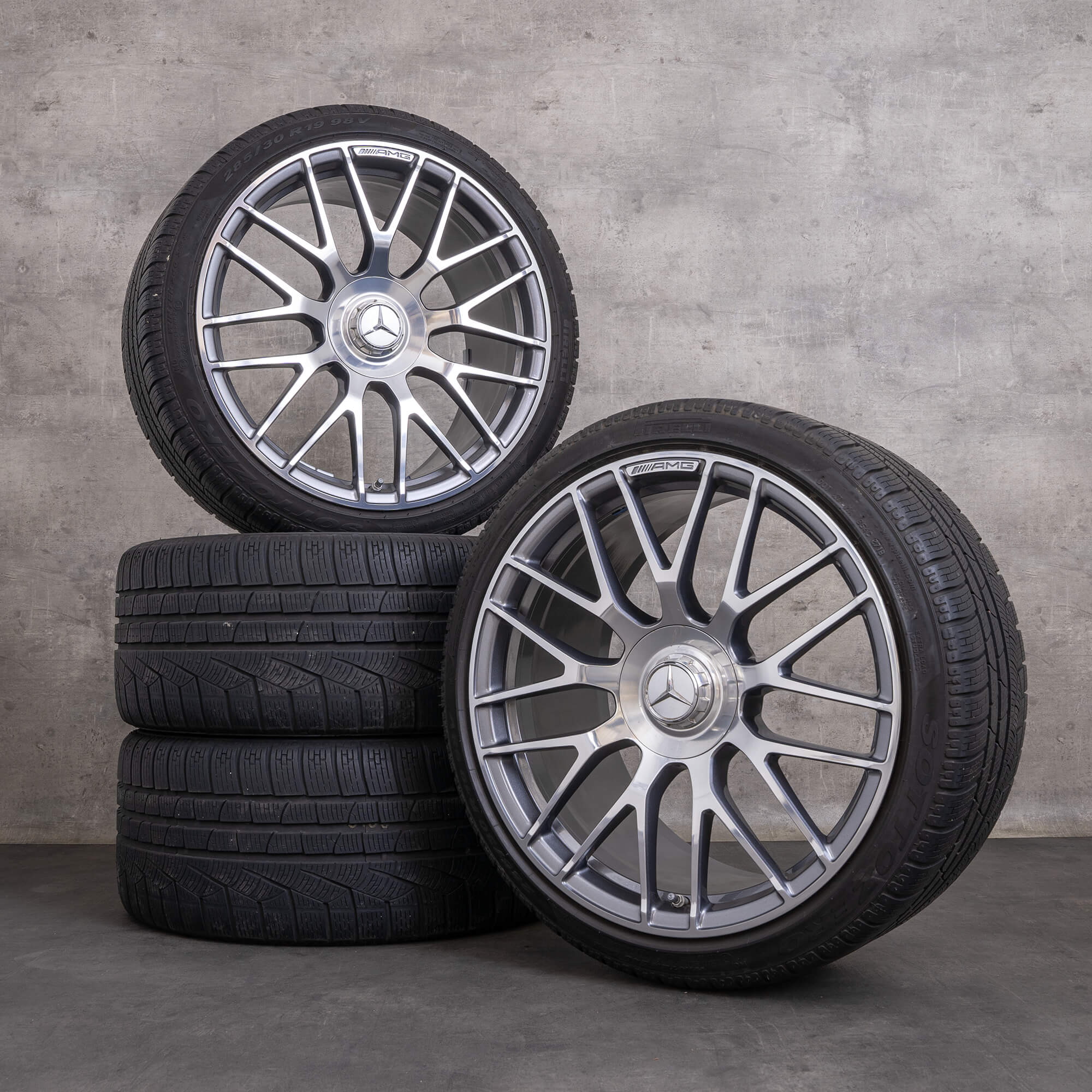 Original Mercedes Benz AMG C63 & S vinterhjul 19 tum C205 A205 fälgar / fälg A2054015900 A2054016000 himalaya grey gloss turned