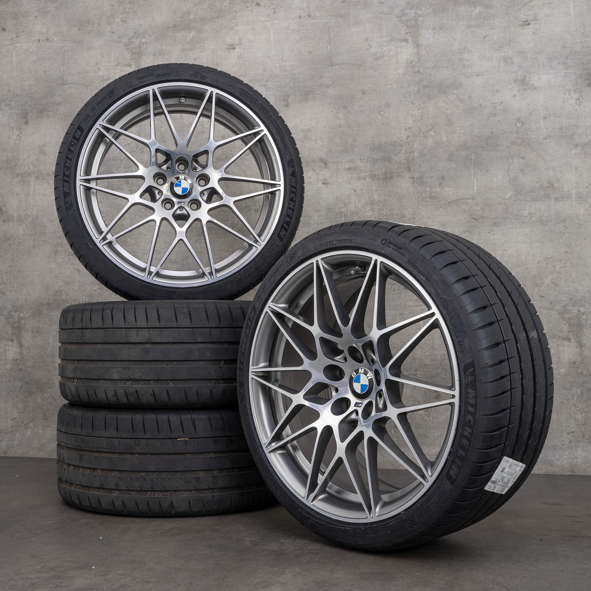 Originale BMW M3 M4 fælge 20 tommer F80 F82 F83 sommerdæk 8090194 8090195 Styling 666 M jerngrå poleret