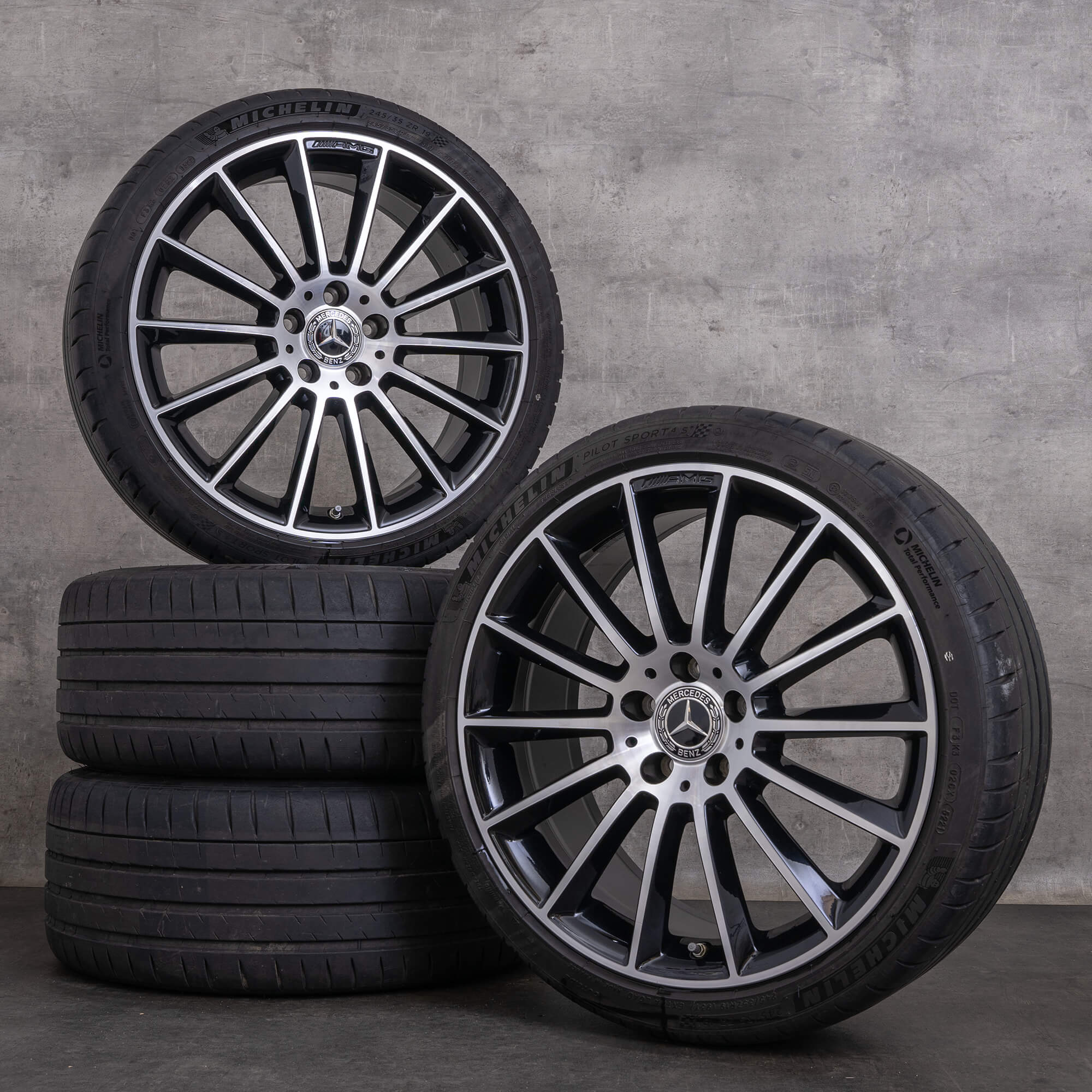 Original Mercedes Benz CLA AMG jante 19 inch C118 X118 anvelope vară A1184010300 negru lucios întoarse