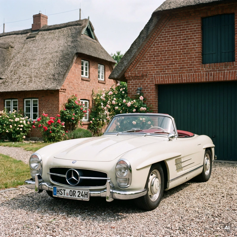 Gepflegtes Oldtimer-Cabrio mit offenem Verdeck und dem Kennzeichen HST OR 24H steht an einem Sommertag vor der Garage eines Backstein-Hauses
