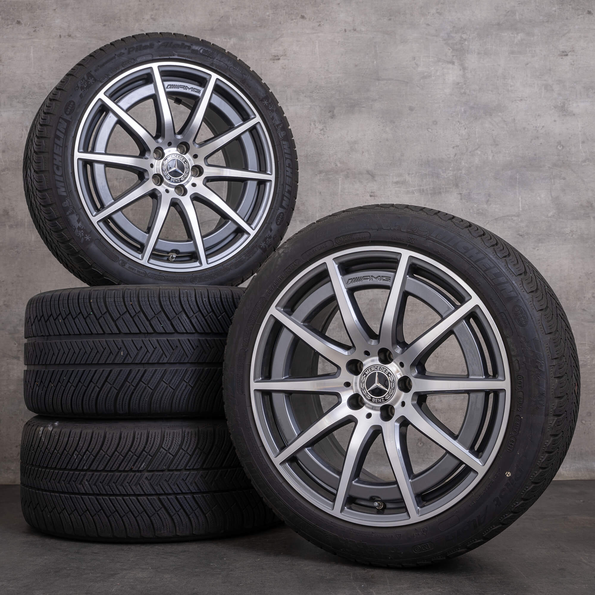 OEM Mercedes Benz E-Class AMG E63 & S snow tire packages 19 inch W213 S213 rims A2134016900 A2134017000 himalaya grey glossy turned