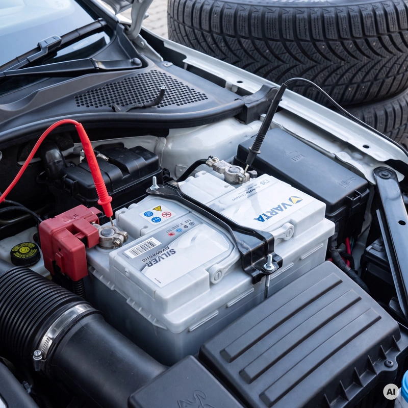Messgerät hängt an den Polen einer Autobatterie und zeigt die Spannung an