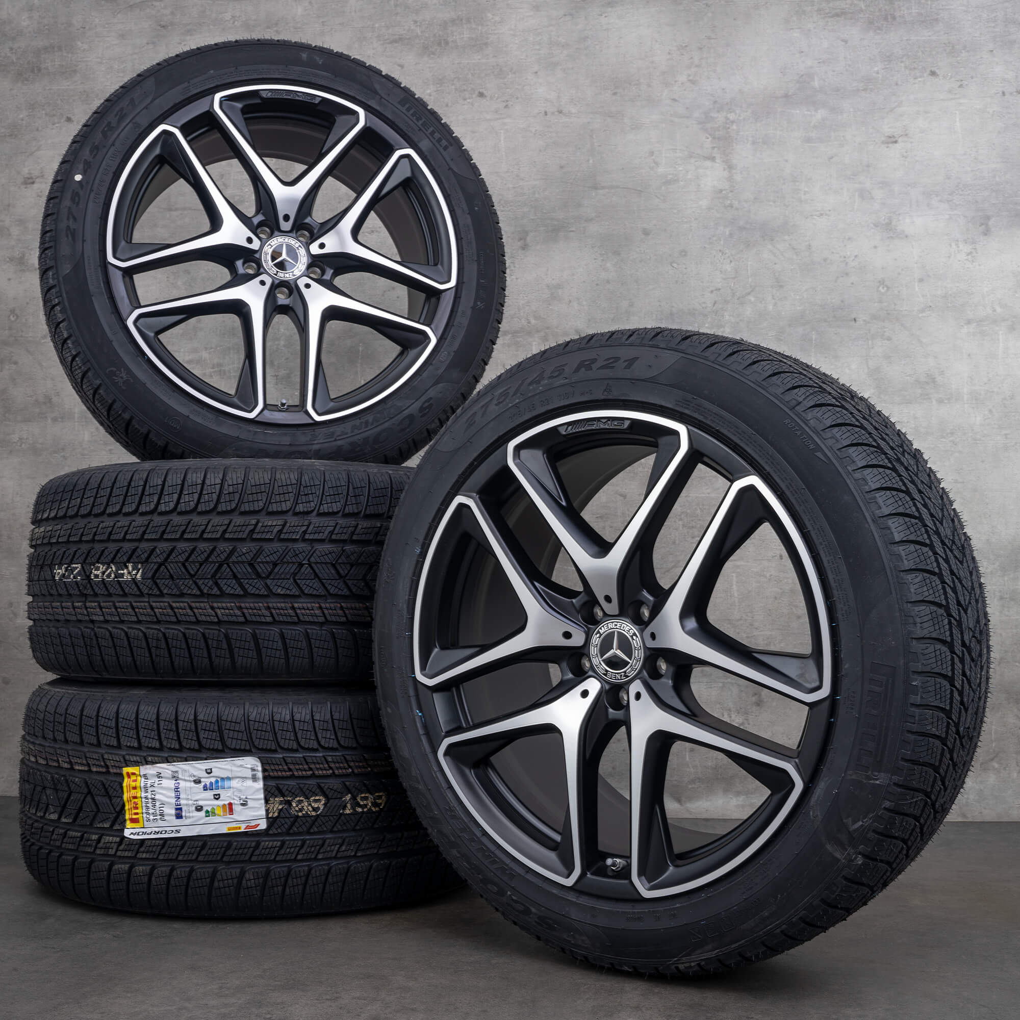 Originalní zimní pneu s disky Mercedes Benz GLE 53 63 AMG 4Matic+ 21" X167 C167 Hybrid ráfky na auto A1674014200 A1674014300 černá lesklá povrchová úprava