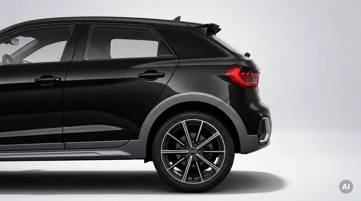 Nahaufnahme Hinterrad des Audi A1 citycarver mit Original-Felge im 10-Speichen-Stern-Design, Radlaufverkleidung und Schweller in Grau