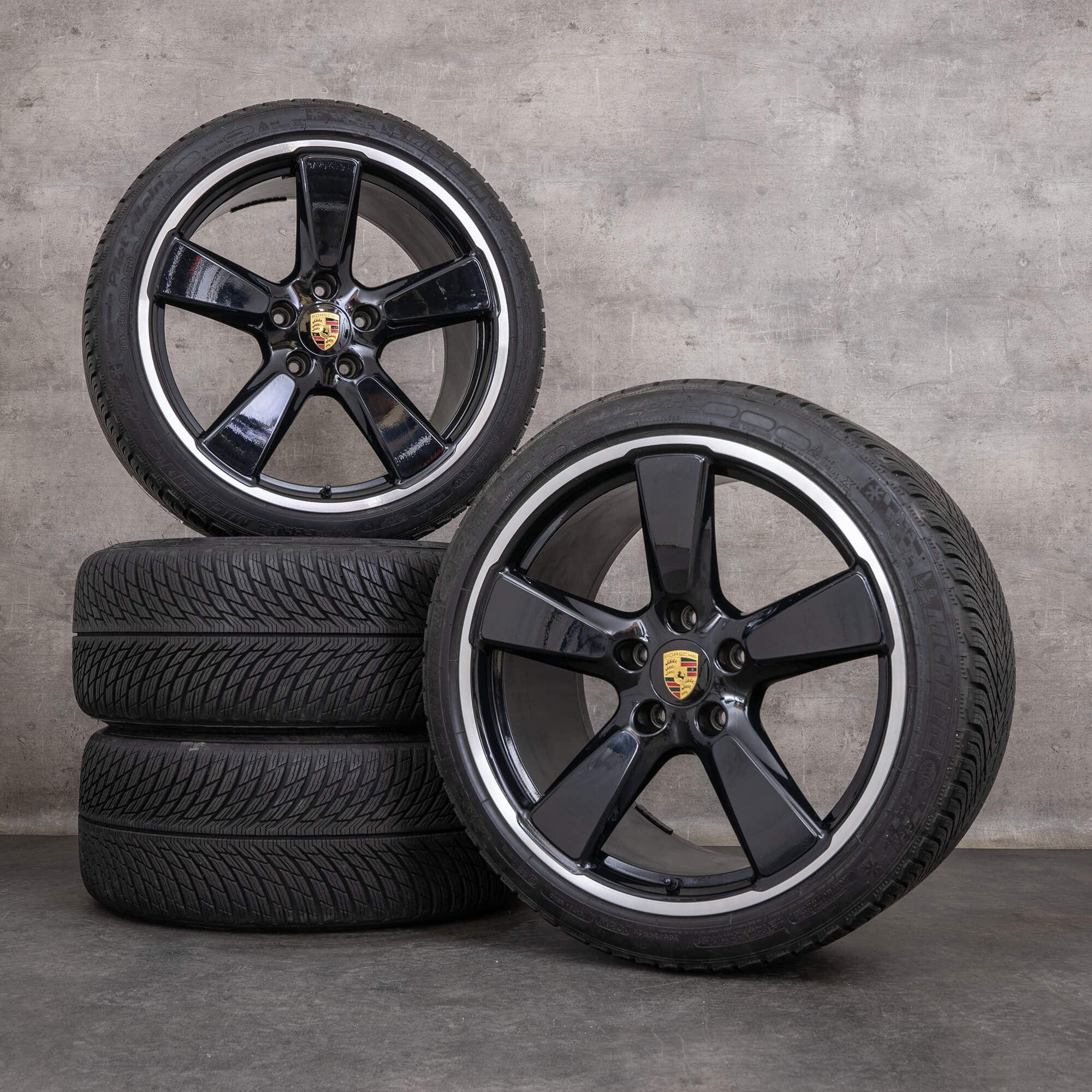 Original 20palcové letní kola Porsche 991 I Turbo S Fuchs Sport Classic 99136216241 99136216742 černé lesklé soustružené.