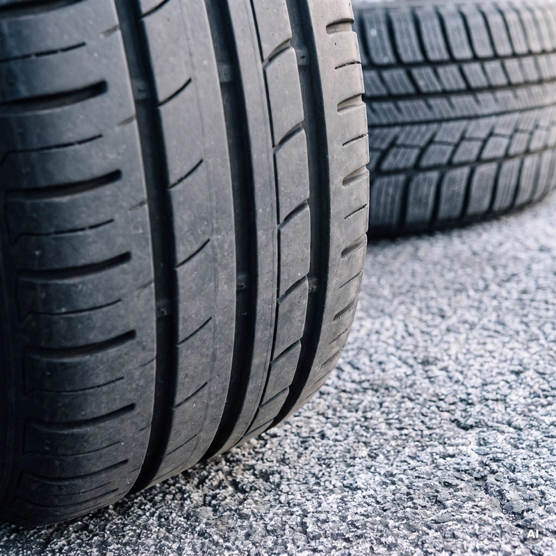 Sommerreifen mit durchgehenden Längsrillen neben einem Winterreifen mit feinen Lamellen auf kaltem Asphalt