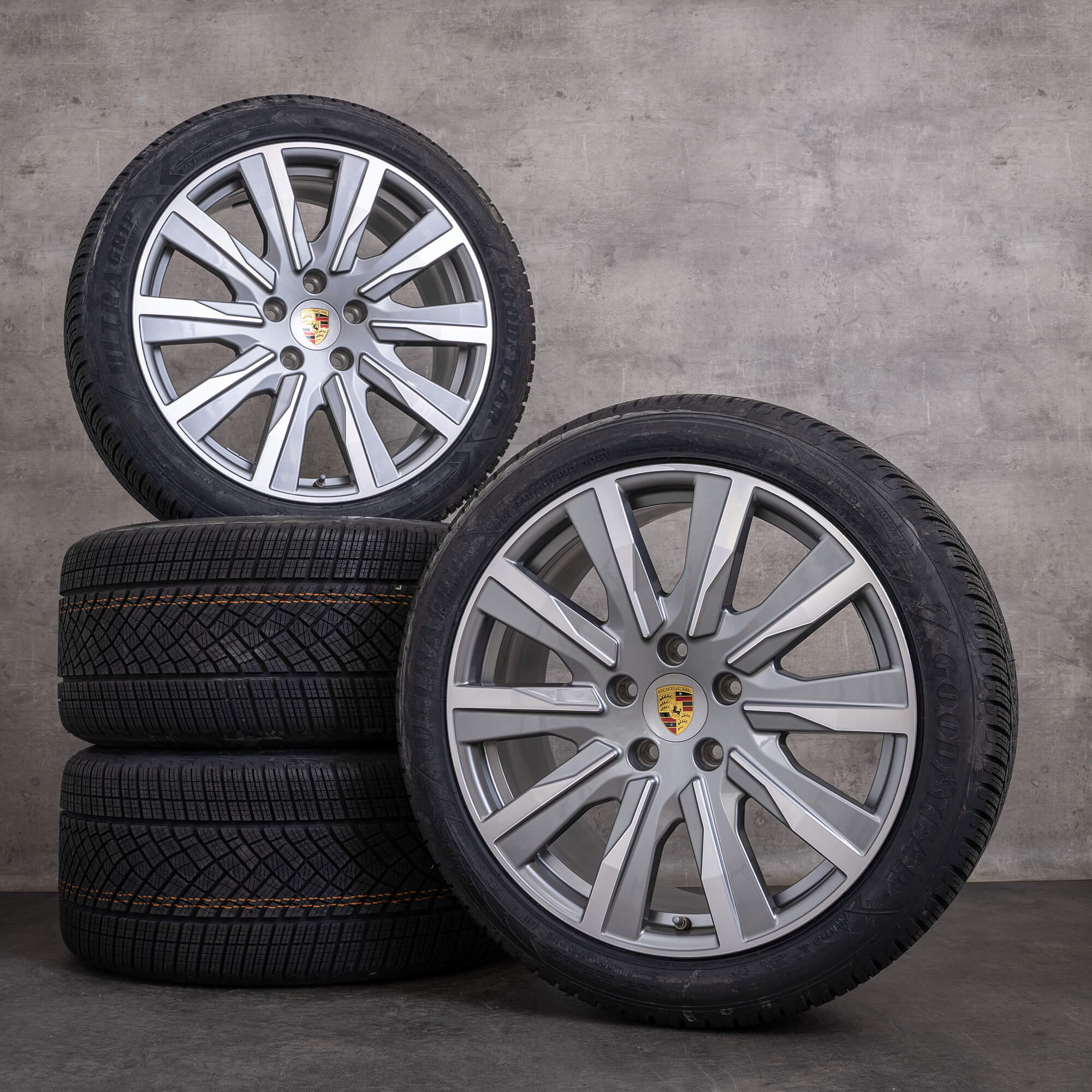 OEM Porsche Taycan snow tire packages 20 inch 9J1 II Rims 9J1601025L 9J1601025M platinum silver glossy turned