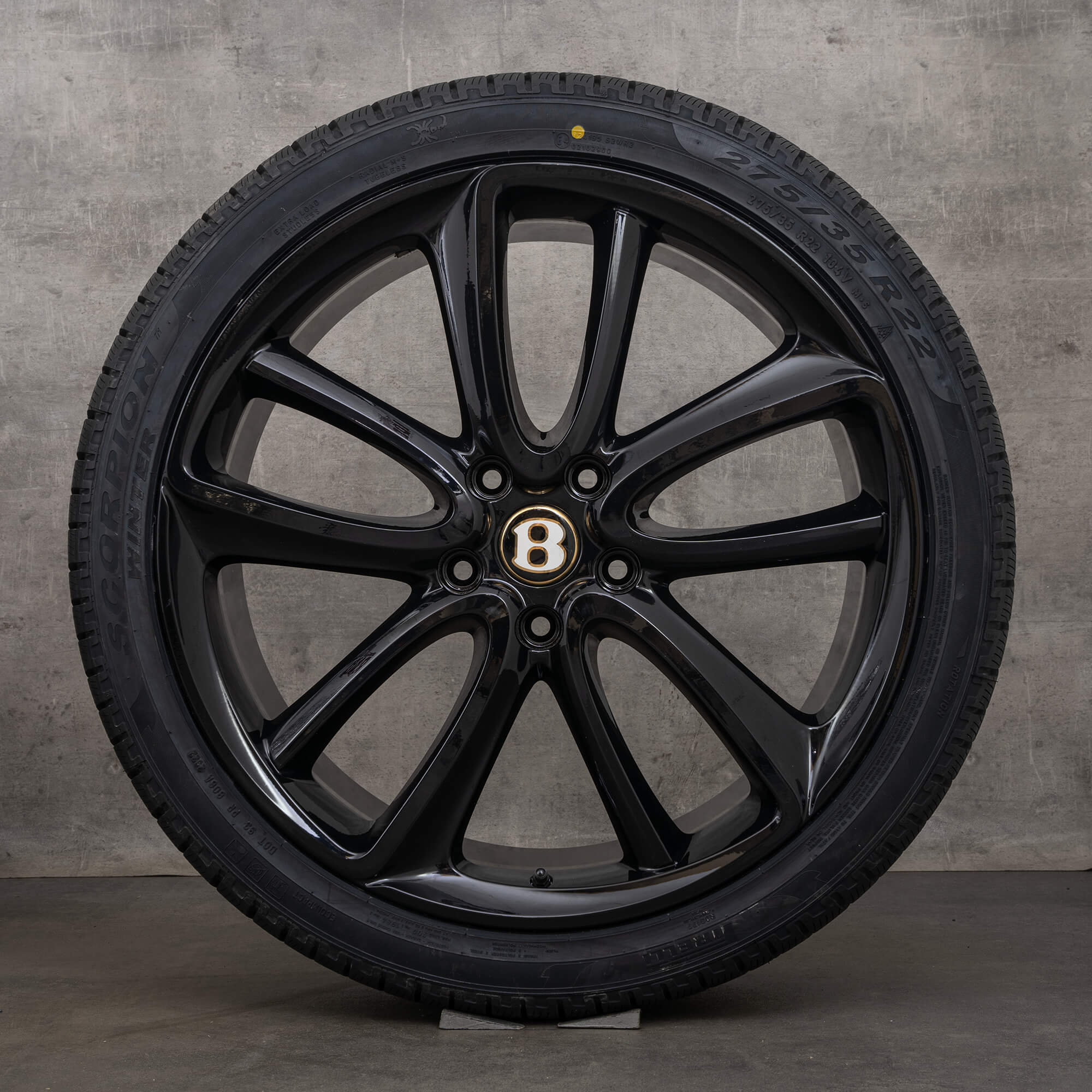 Llantas originales Bentley Continental GT GTC Flying Spur 3S de 22 pulgadas con neumáticos de invierno 3SA601025T y 3SA601025AA negras de alto brillo y ruedas de invierno