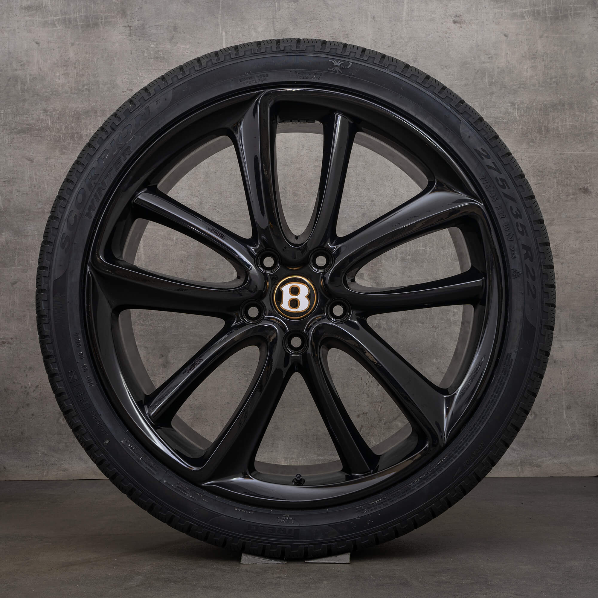 Llantas originales Bentley Continental GT GTC Flying Spur 3S de 22 pulgadas con neumáticos de invierno 3SA601025T y 3SA601025AA negras de alto brillo y ruedas de invierno