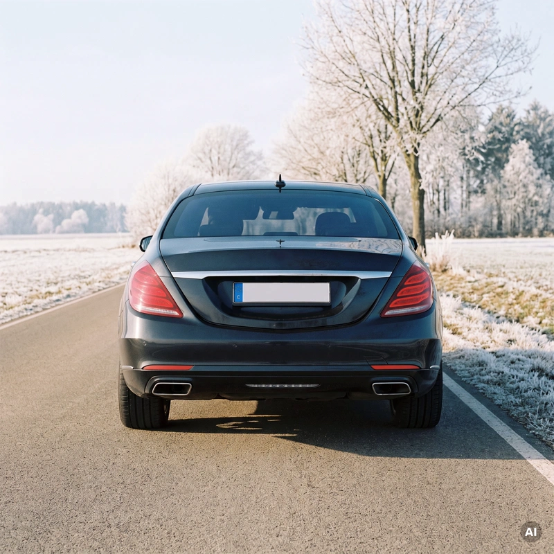 Fahrzeug auf trockener, sonniger Winterstraße mit Raureif am Straßenrand