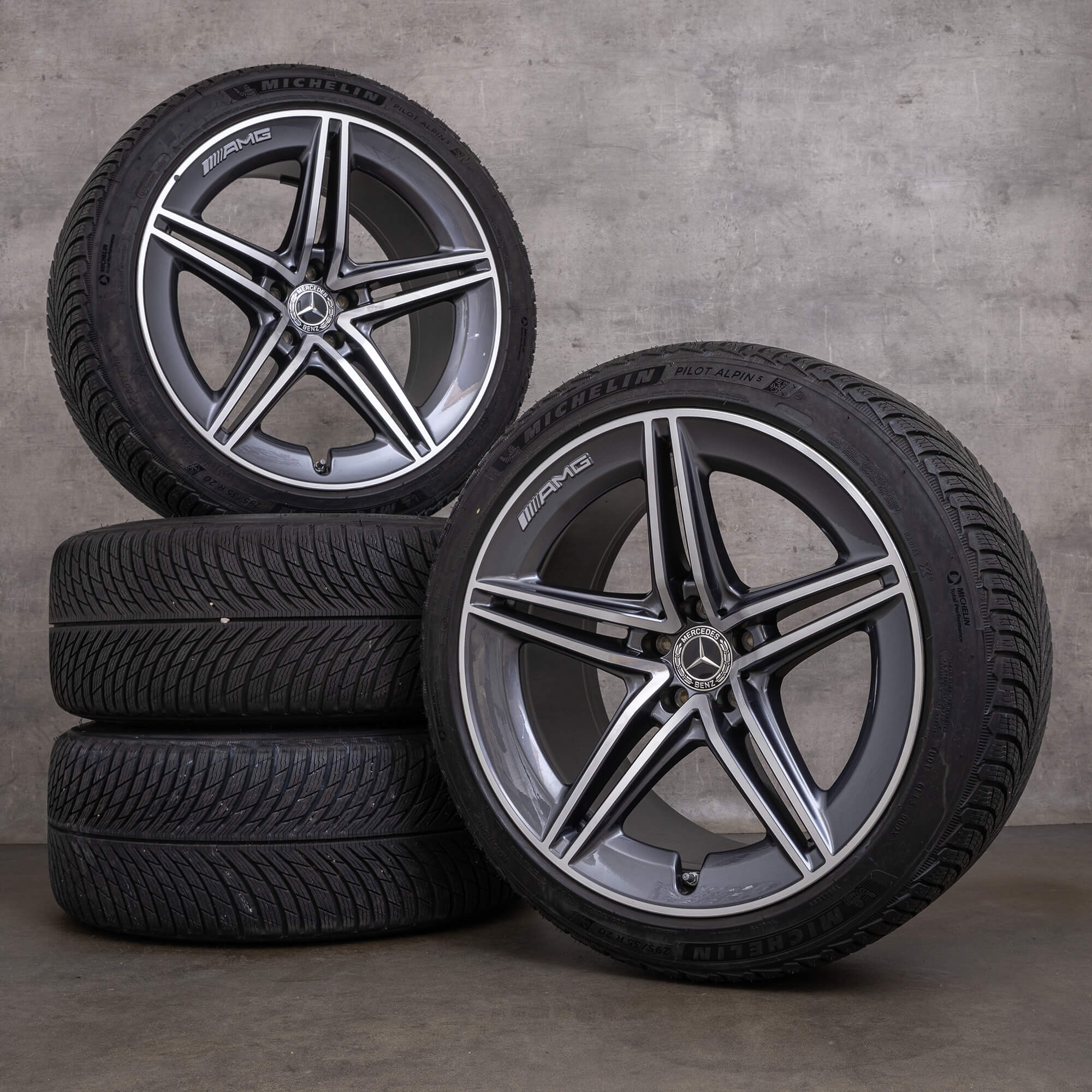 Original Mercedes Benz AMG GT 4-dørs vinterhjul 20-tommers X290 felger A2904011800 A2904010500 himalaya grå blank snudd
