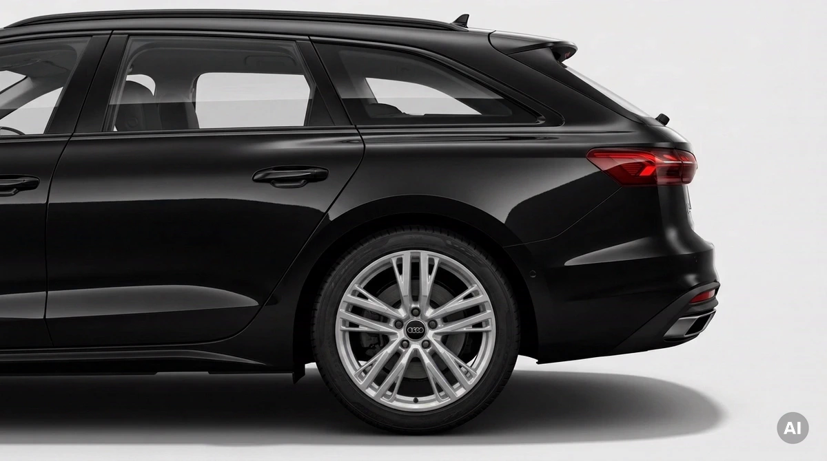 Audi A5 Avant B10 negro con llanta original plateada en diseño de 5 radios dobles en Y y 19 pulgadas, primer plano de la rueda trasera
