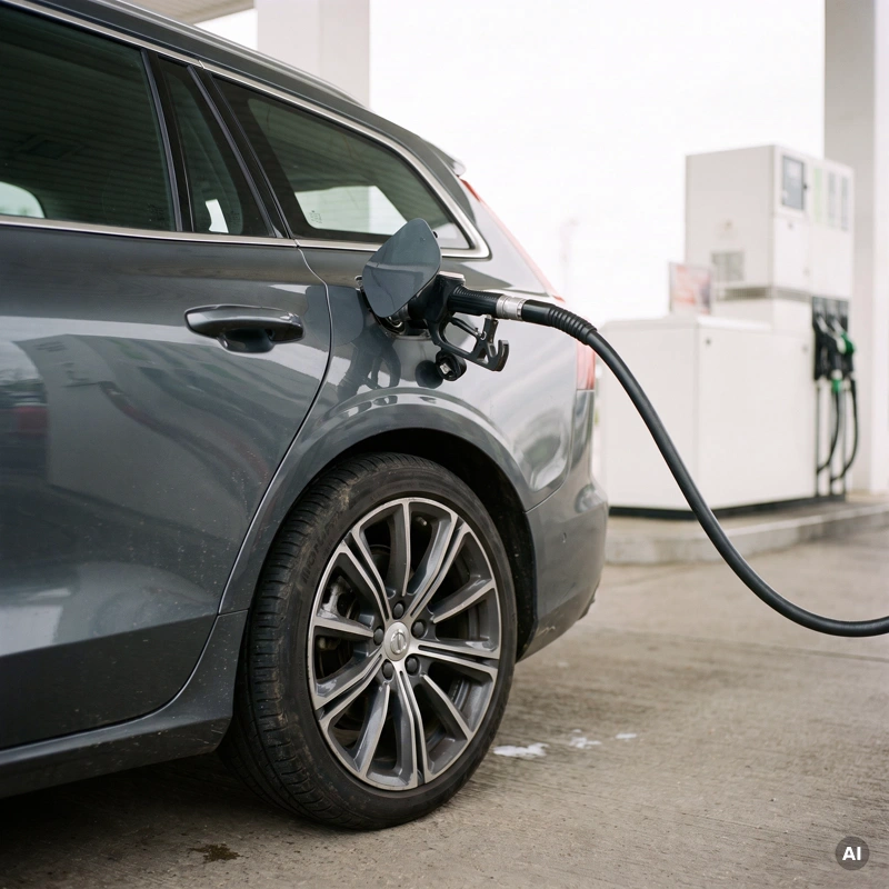 Zapfpistole im Tankstutzen eines dunkelgrauen Kombis mit Leichtmetallfelge an einer Tankstelle