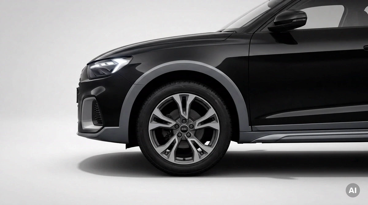 Nahaufnahme Vorderrad des schwarzen Audi A1 citycarver mit Original-Felge im 5-Doppelspeichen-Design