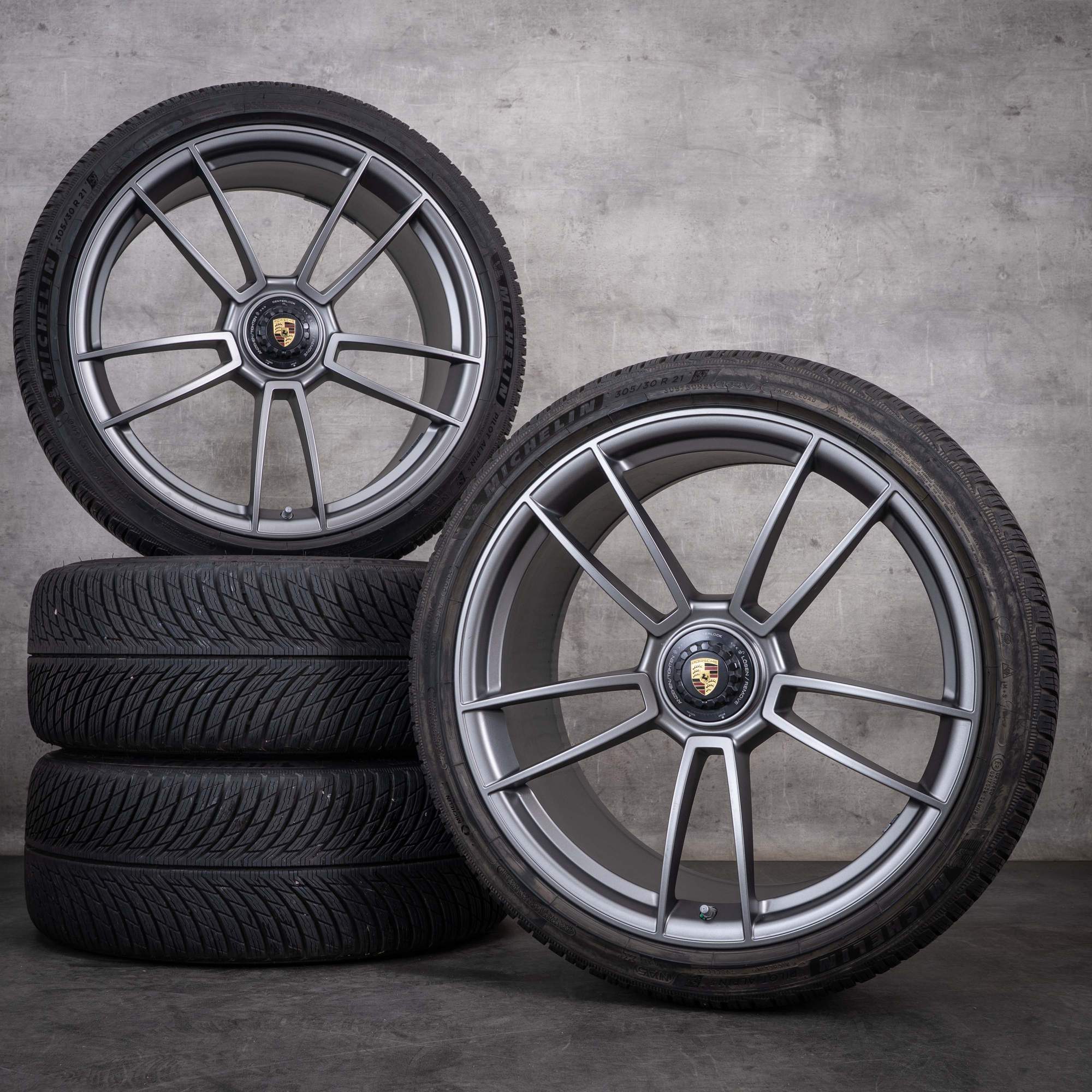 Originale Porsche 992 I vinterhjul 20-21 tommer fælge 992601025AB 992601025AC Turbo S platinsølv mat