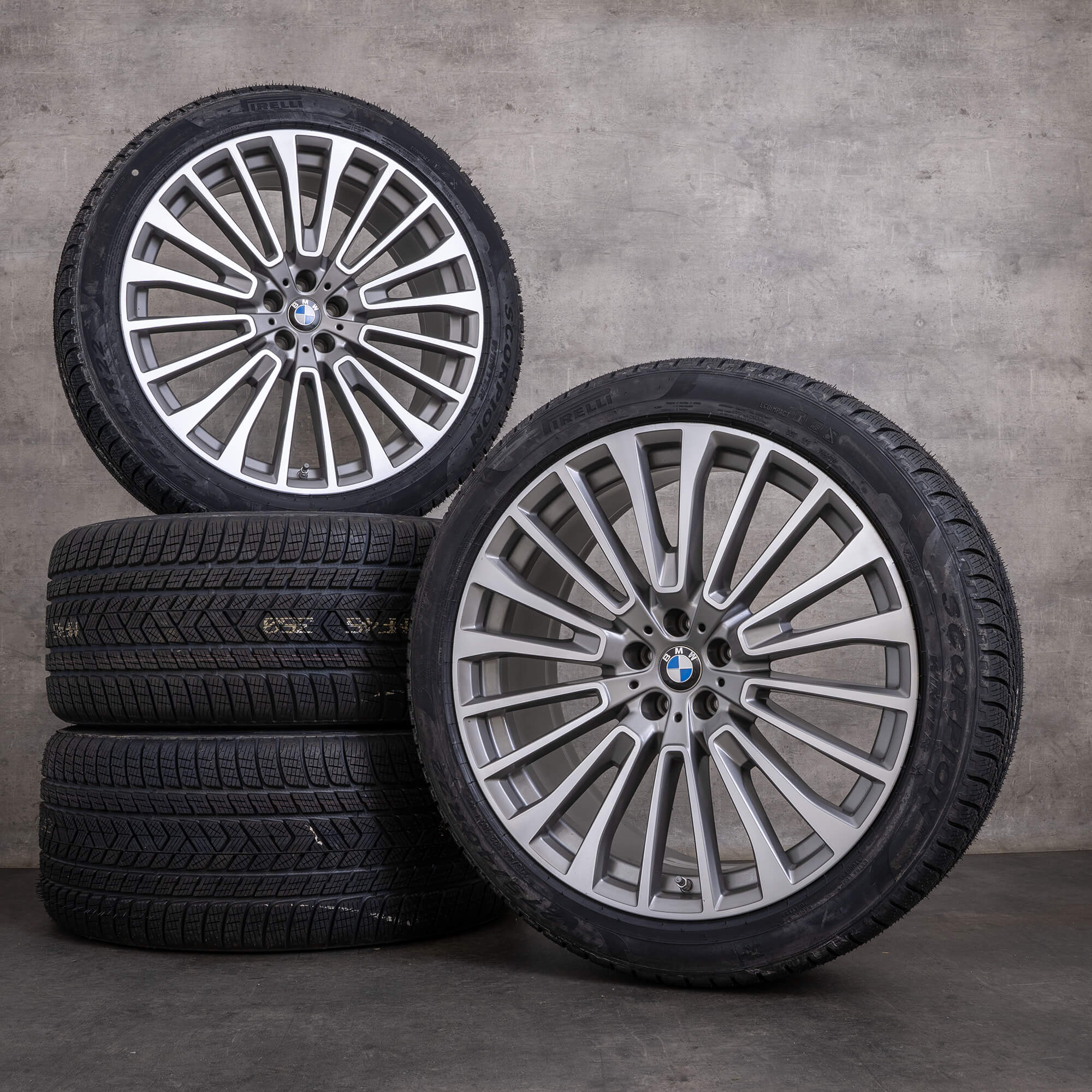 Originale BMW X7 vinterdæk med fælge 22 tommer G07 styling 757 6885144 6885463 ferric grey glossy turned