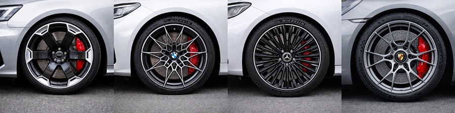 Felgen Collage: Audi, BMW, Mercedes und Porsche