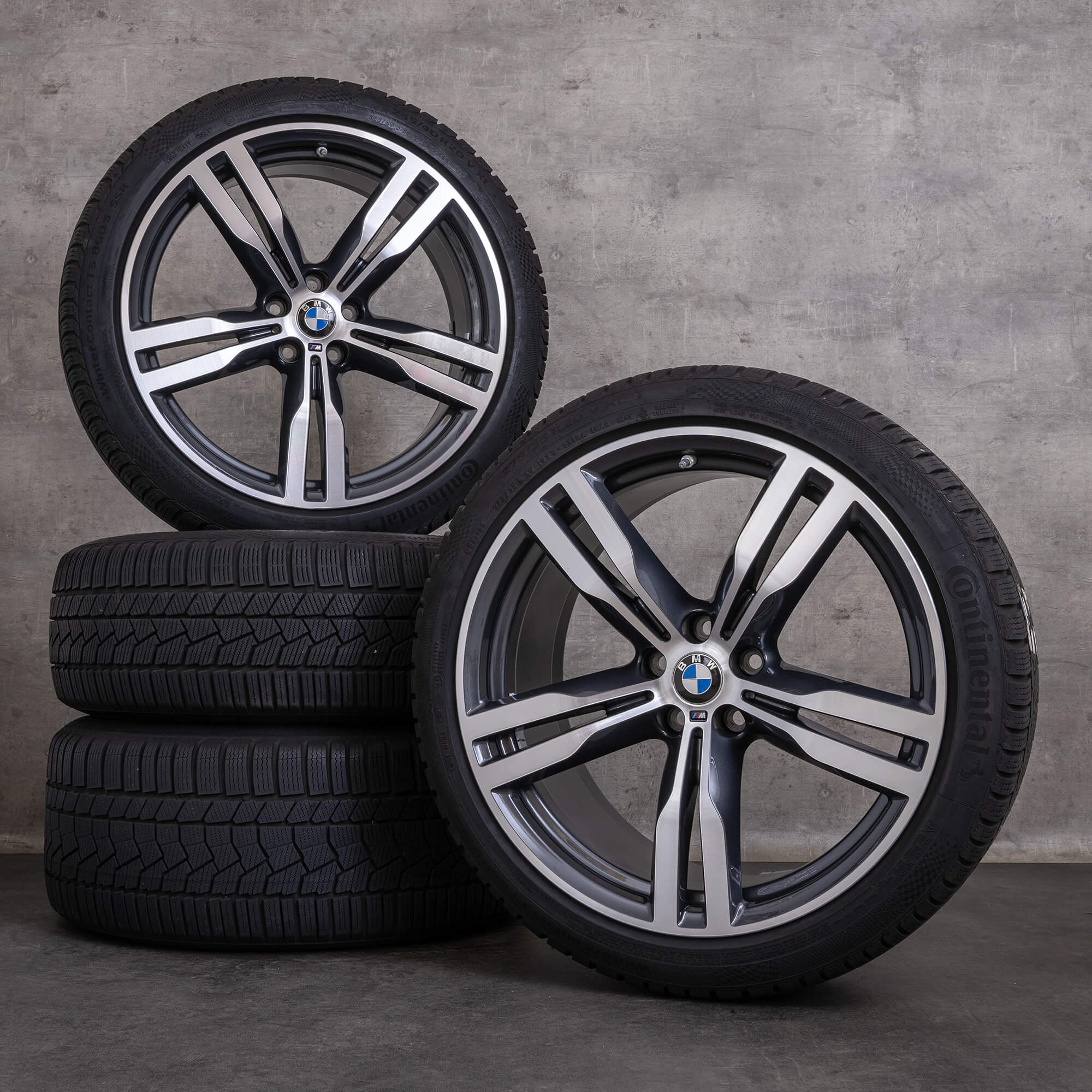 Oryginalne koła zimowe BMW serii 6 GT i serii 7 20 cali modele G11 G12 G32 stylizacja 648 M nr kat. 7850581 7850582 kolor orbit grey diamond cut NOWE