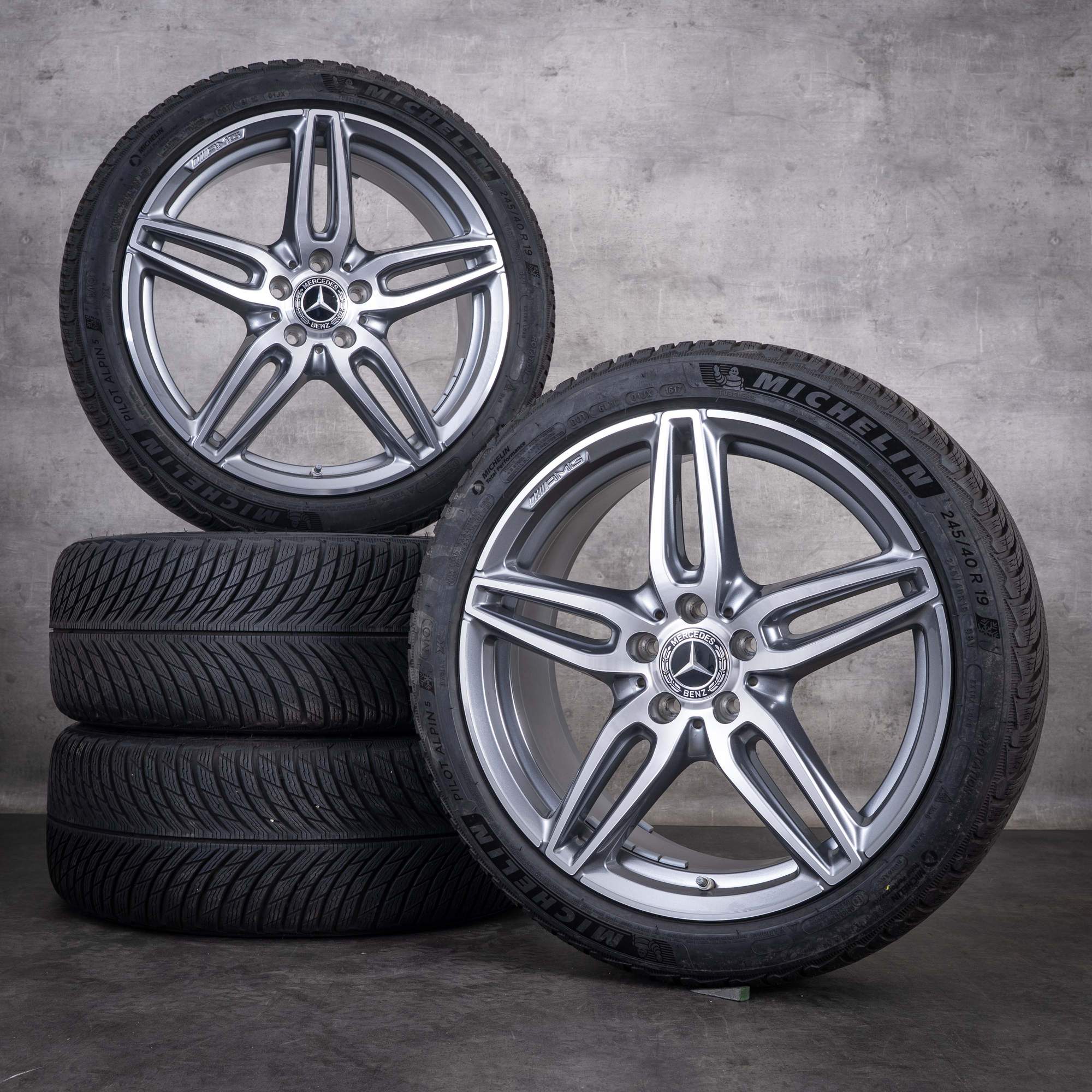Ruote invernali originali Mercedes-Benz Classe E E43 E53 AMG da 19 pollici W213 S213 C238 A238 codici A2134013800 e A2134012000 colore Himalaya Grey finitura diamantata