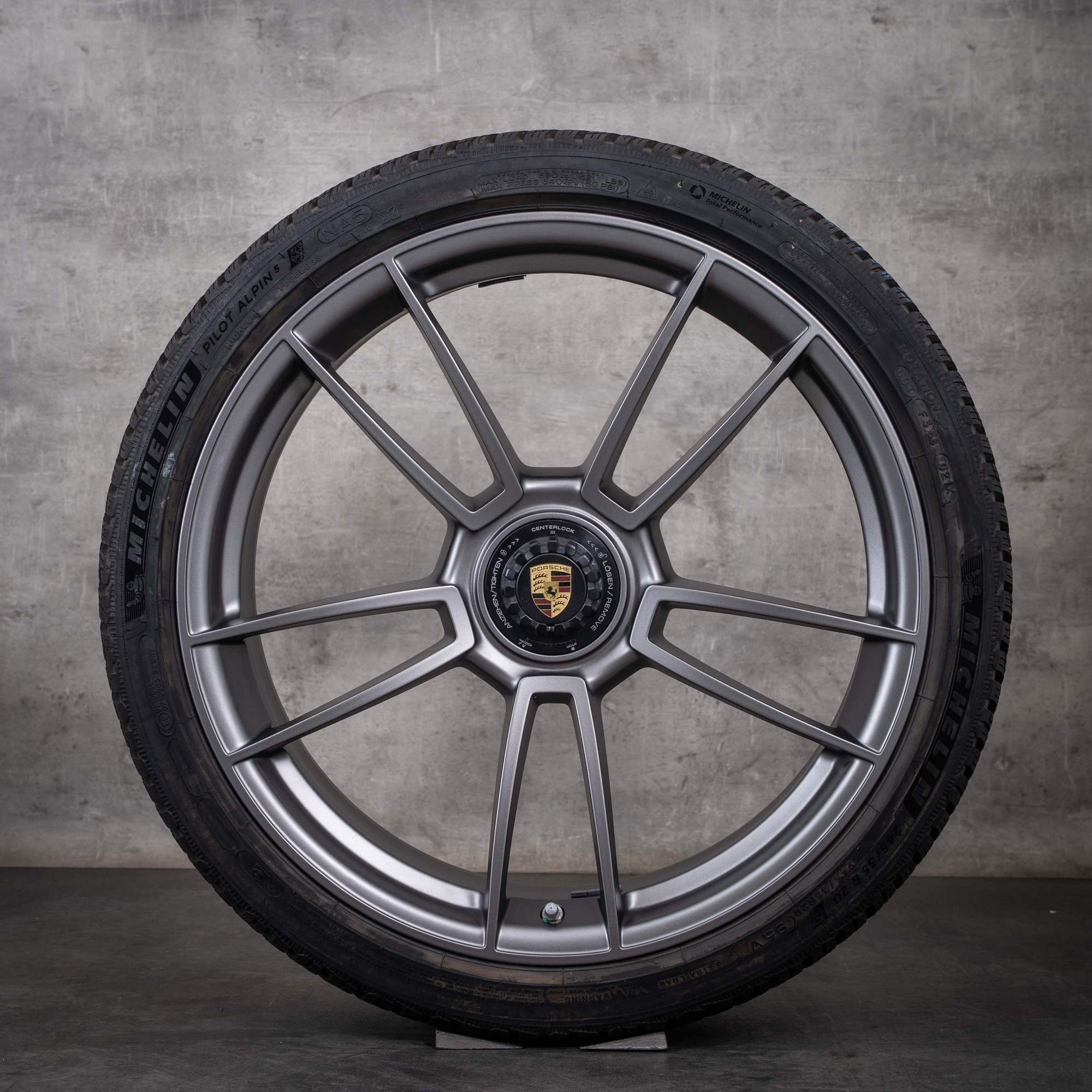 Originale Porsche 992 I vinterhjul 20-21 tommer fælge 992601025AB 992601025AC Turbo S platinsølv mat