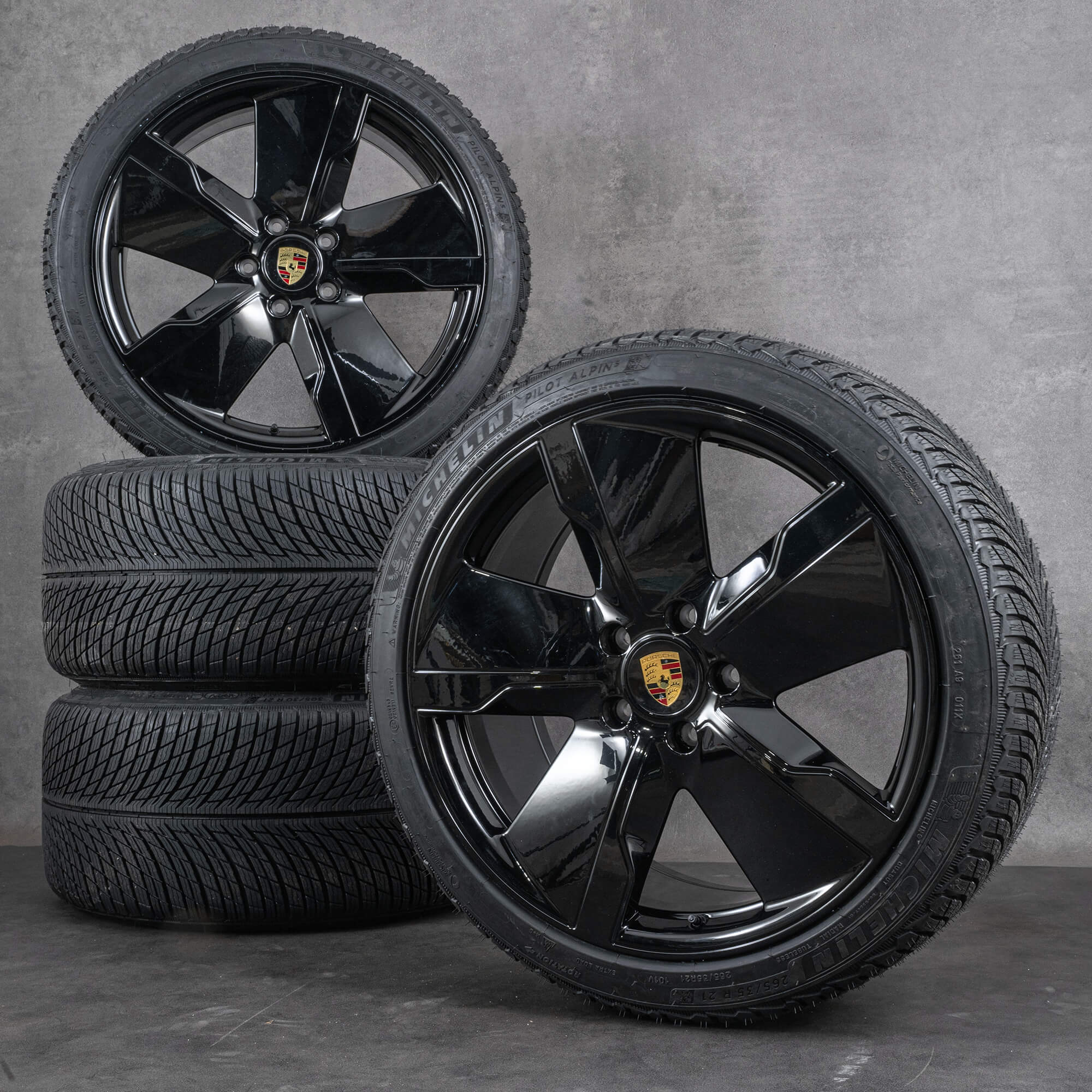 OEM Porsche Taycan S Turbo 21 inch rims deep black winter tires new 041