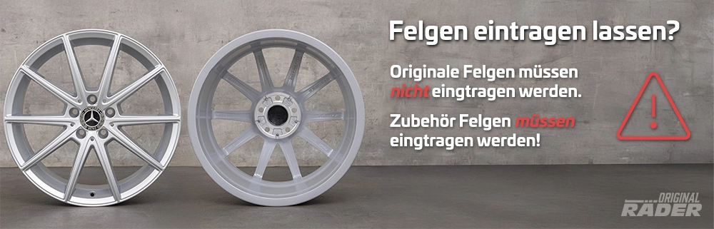 Müssen Felgen eingetragen werden? Originale vs. Zubehör Felgen Infografik zu Felgen eintragen: Originale Felgen vs. Zubehör Felgen – Originale müssen nicht eingetragen werden, Zubehör schon.