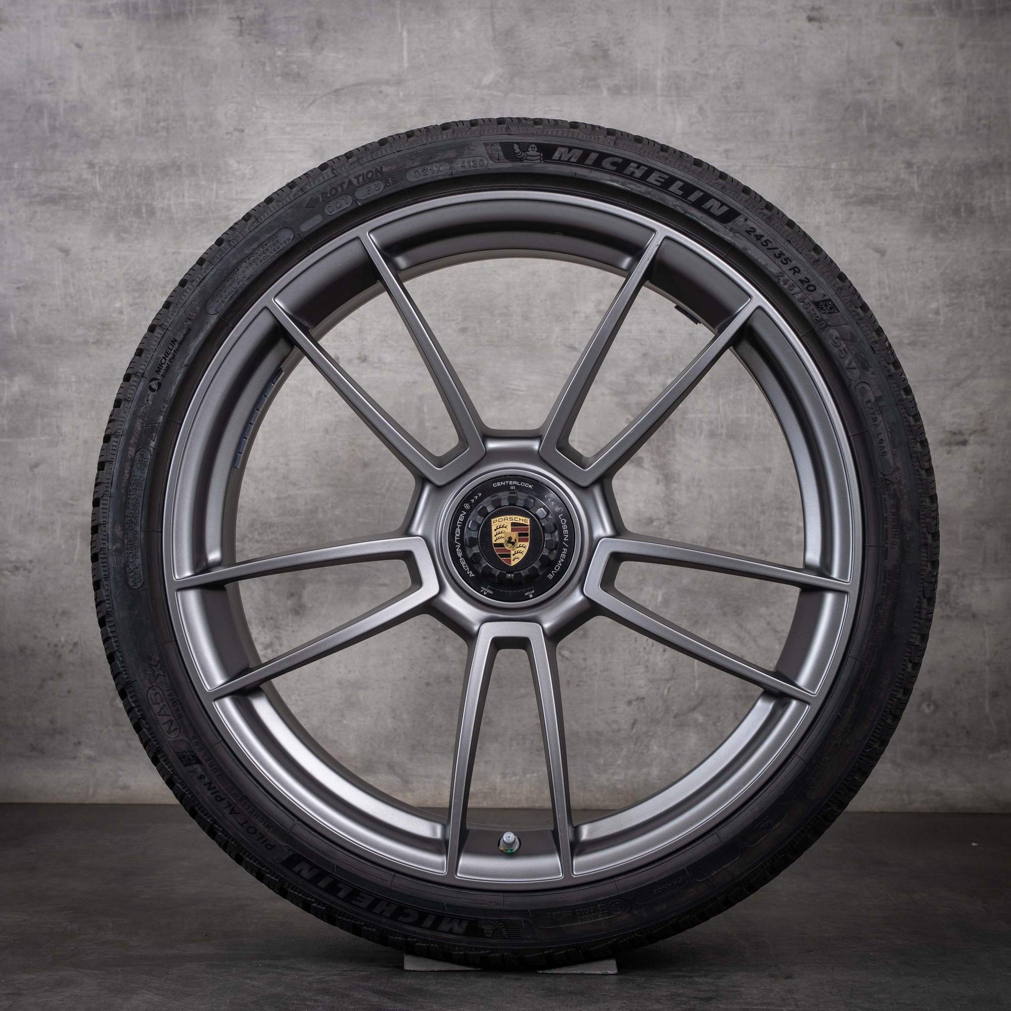 Originale Porsche 992 I vinterhjul 20-21 tommer fælge 992601025AB 992601025AC Turbo S platinsølv mat