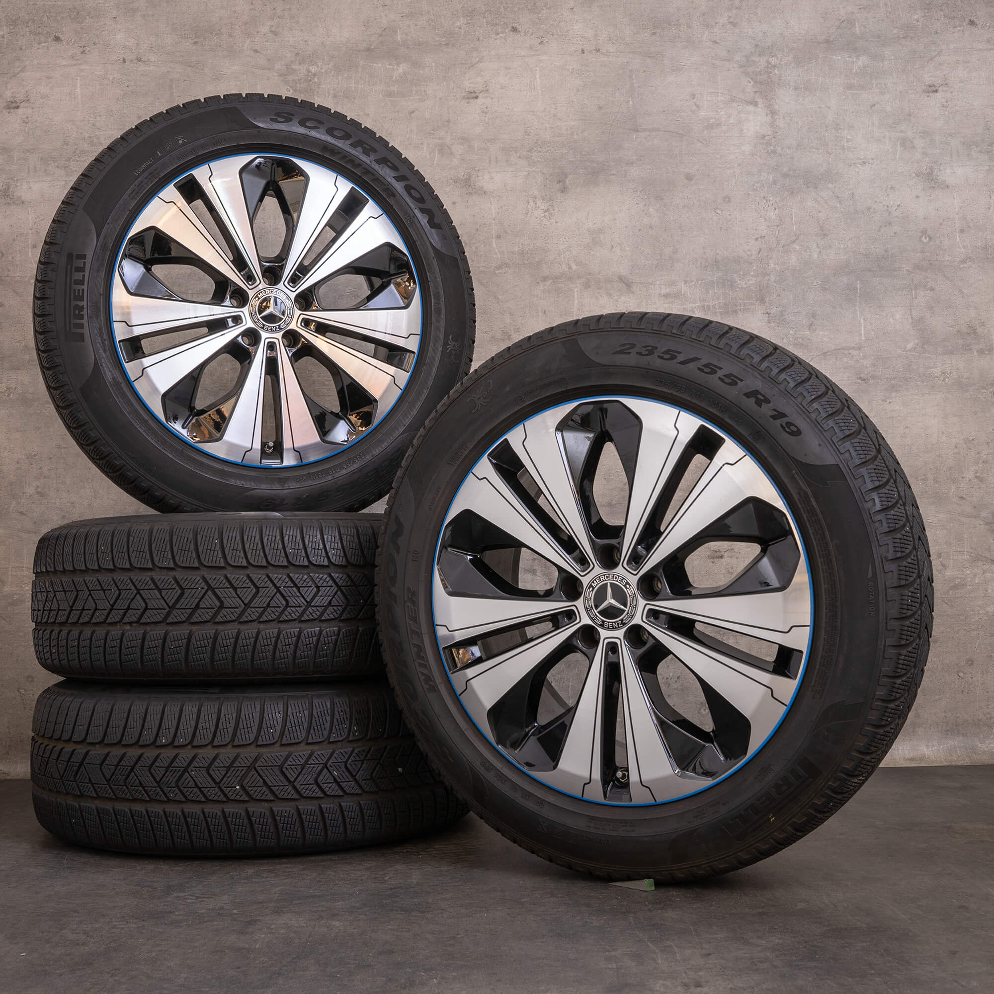 Oryginalne koła zimowe Mercedes Benz EQC 19 cali N293 Felgi A2934010200 czarno niebieskie Polerowane