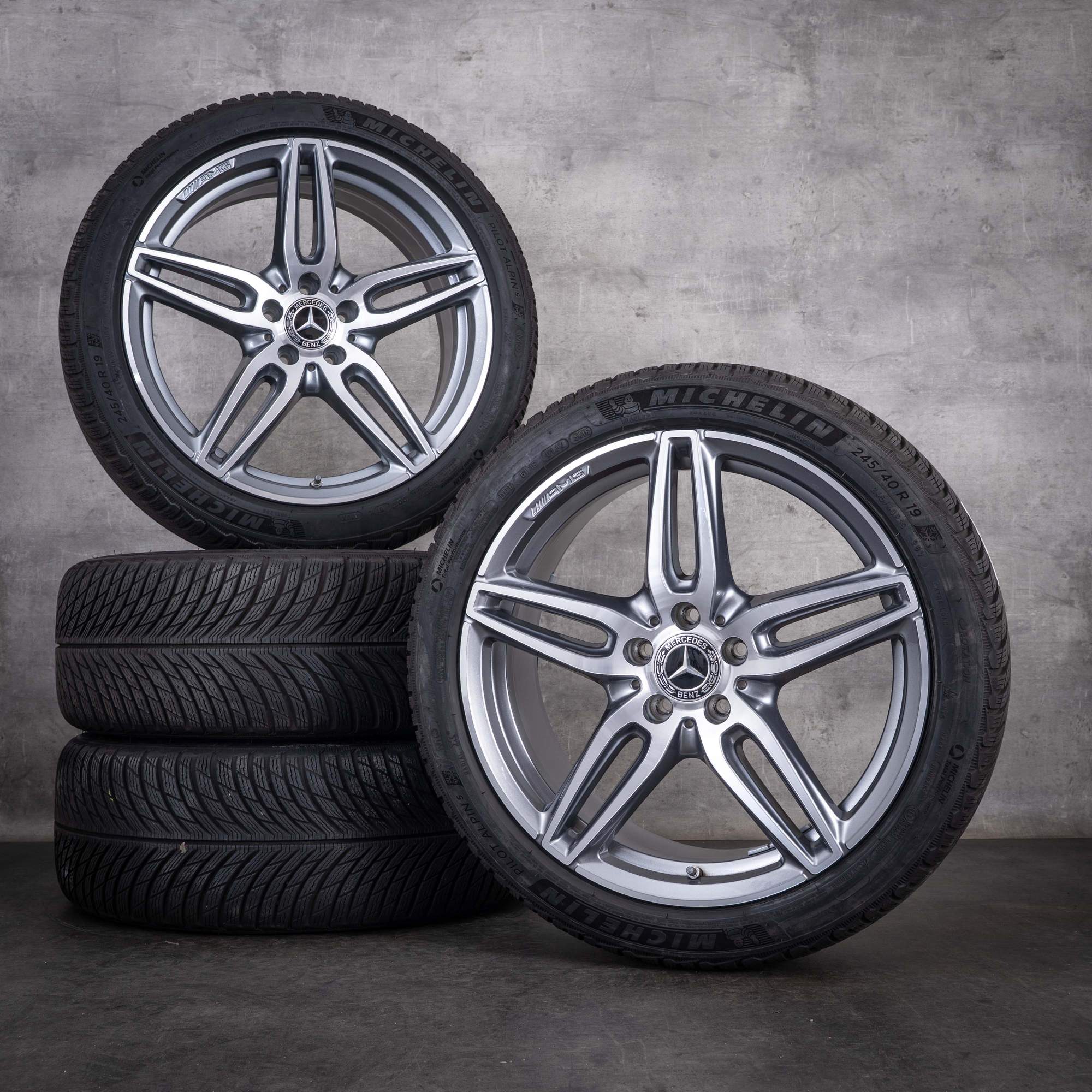 Original Mercedes Benz E-Klasse E43 E53 AMG Winterräder 19 Zoll W213 S213 C238 A238 Felgen A2134013800 A2134012000 himalaya grey front glanzgedreht