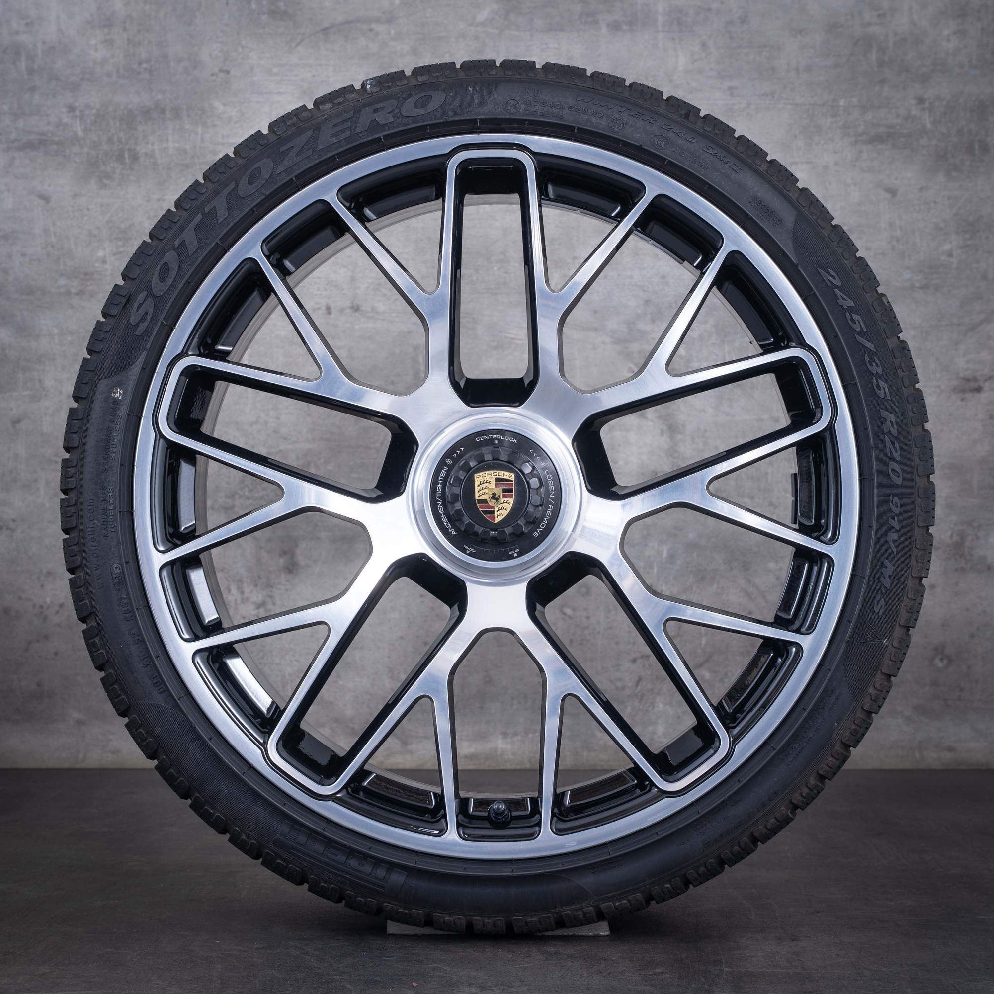 Original Porsche 991 Winterräder 20 Zoll 991 II Targa 4 GTS Turbo Felgen 99136216234 99136216634 schwarz front glanzgedreht