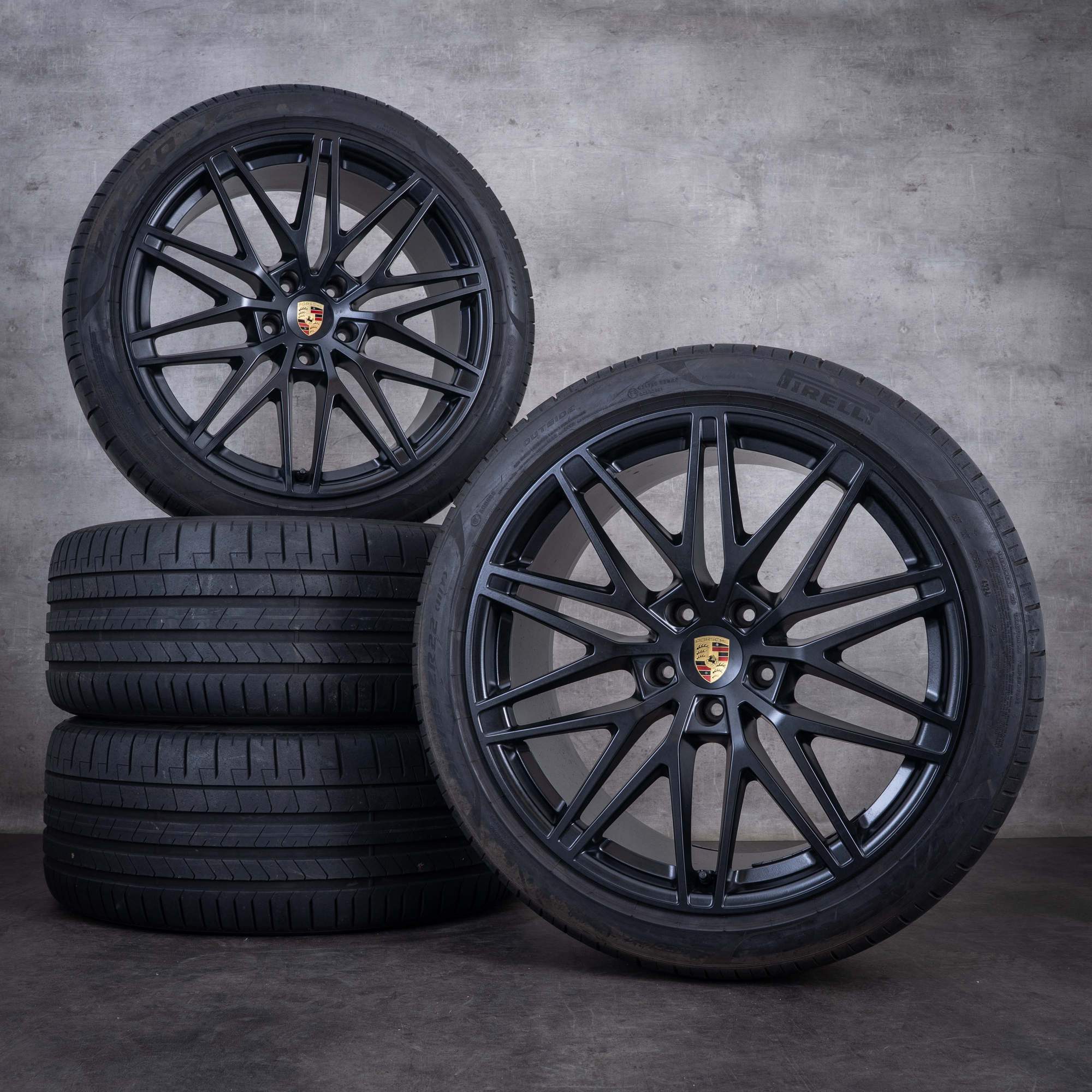 Original 22 Zoll Porsche Cayenne Sommerräder Coupe E3 9Y RS Spyder Felgen 9Y3601025BH 9Y3601025BJ schwarz matt