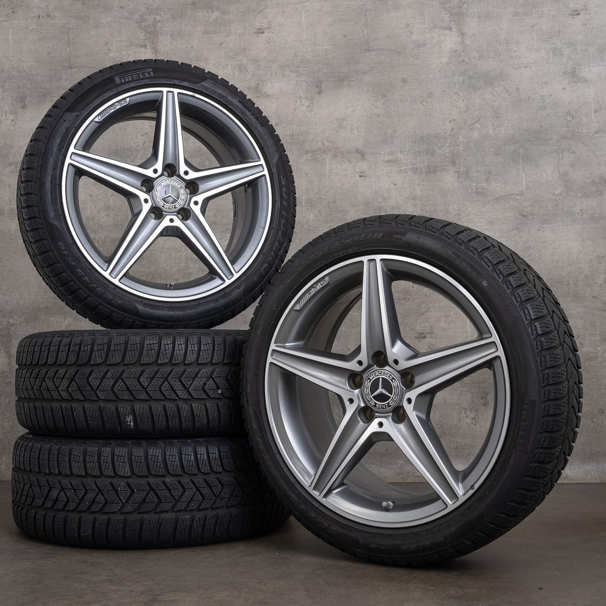 Original Mercedes Benz C-Klasse AMG Winterräder 18 Zoll W205 S205 C205 A205 Felgen A2054011100 himalaya grey glanzgedreht