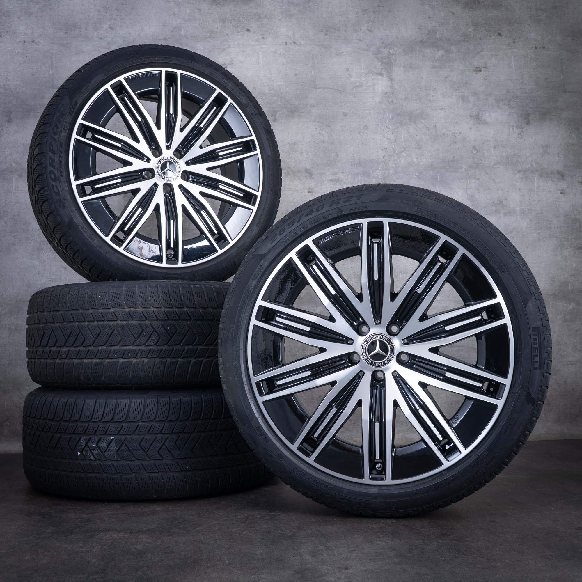 Original Mercedes Benz EQE AMG Winterräder 21 Zoll SUV X294 Felgen A2944011200 schwarz front glanzgedreht