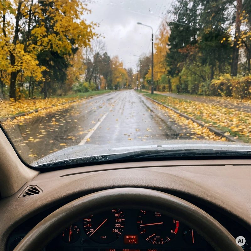Digitale Außentemperaturanzeige im Fahrzeug zeigt zwei Grad, dahinter der Blick durch die beschlagene Scheibe auf eine herbstliche Landstraße