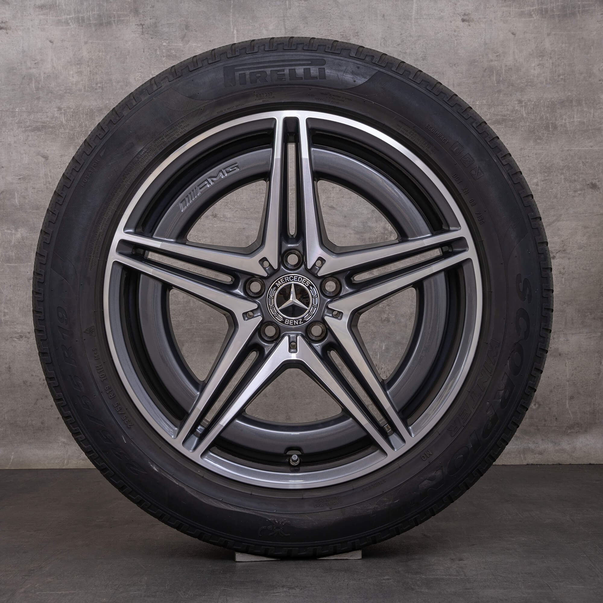 Original zimní pneu s disky Mercedes Benz EQC AMG 19" ráfky na auto N293 A2934011400 A2934010700 himalaya šedá lesklá soustružená
