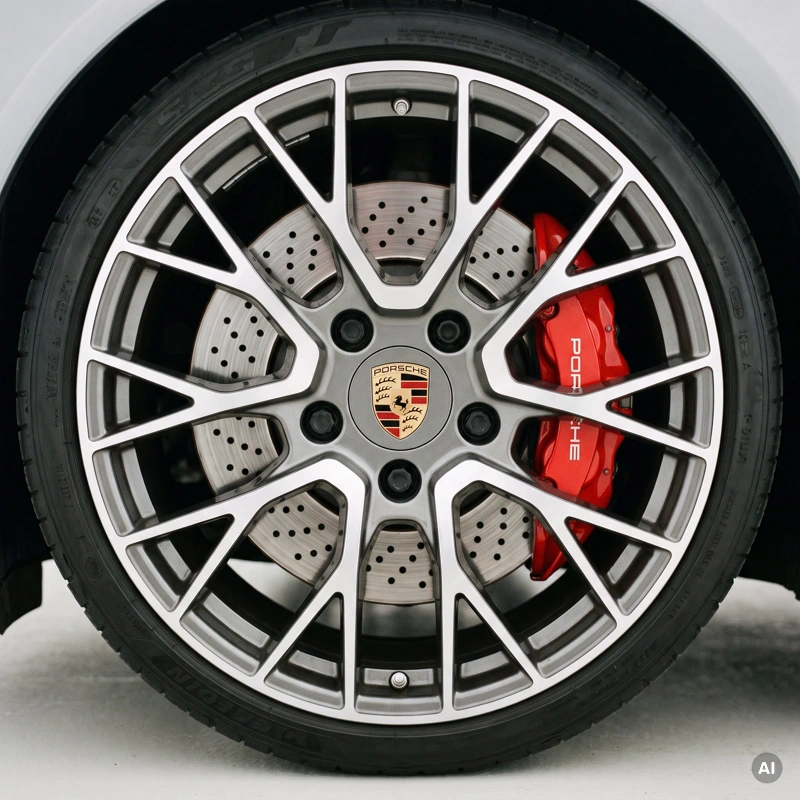 Nahaufnahme eines Rads an einem weißen Sportwagen, hinter den Speichen der Leichtmetallfelge sind Bremsscheibe und roter Bremssattel zu sehen