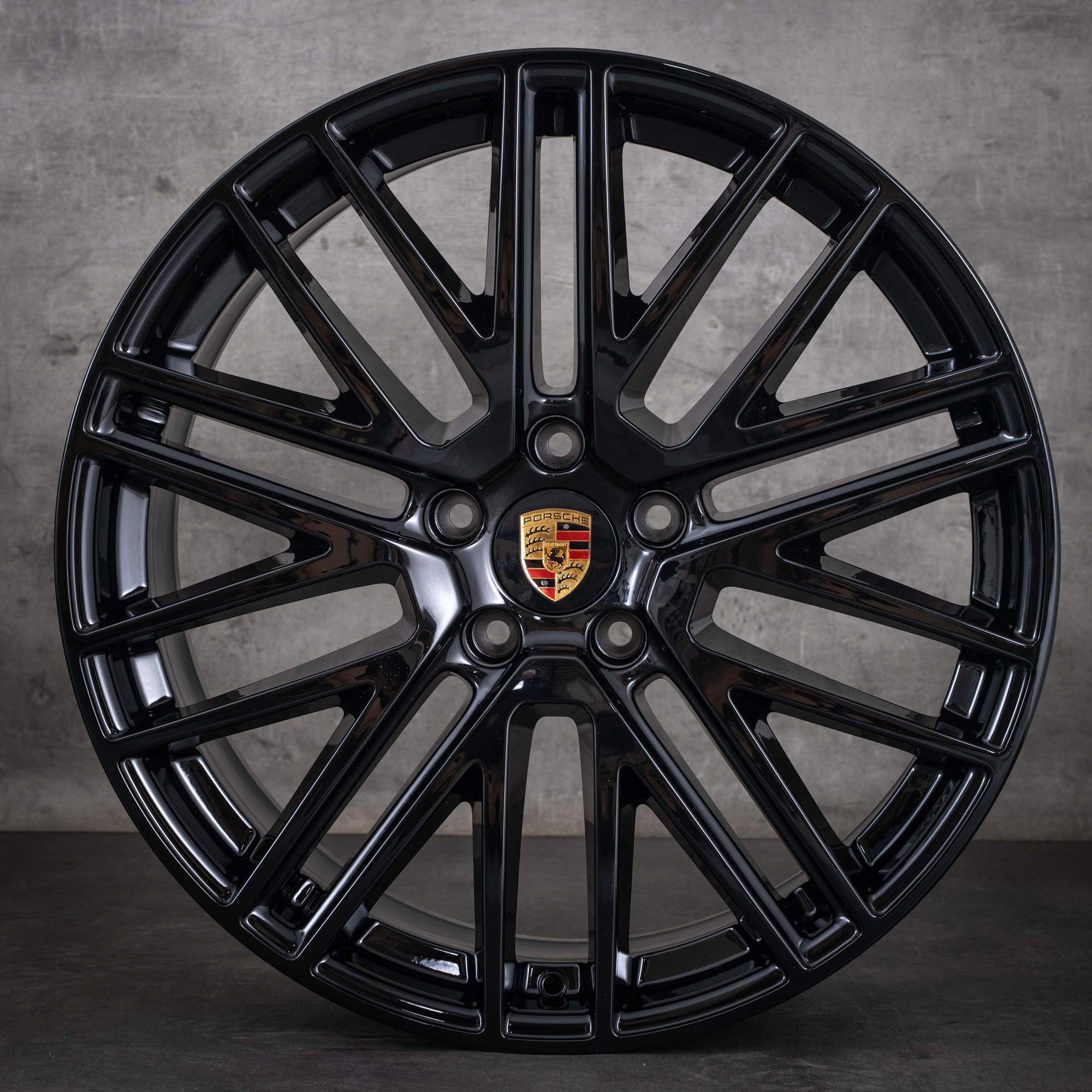 Jante originale Porsche Cayenne Coupe de 22 inch, model 9YA E3 II Turbo Design, coduri 9Y0601025DR și 9Y3601025CA, negru lucios