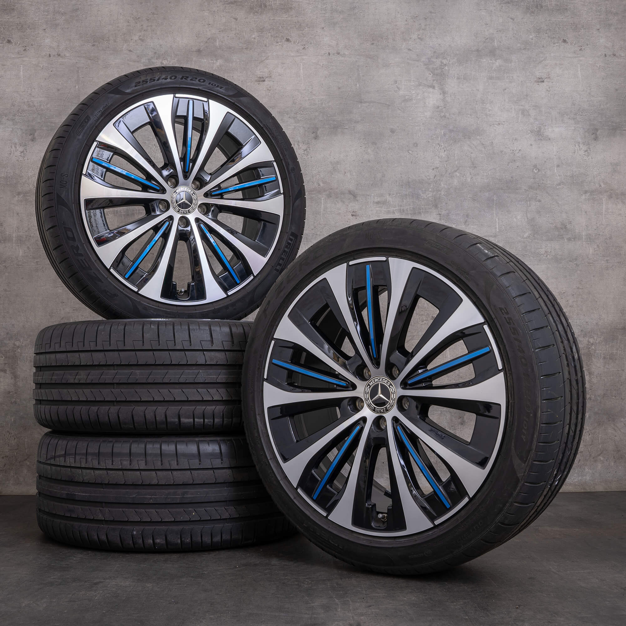 Orijinal Mercedes Benz EQE jantlar 20 inç V295 sedan yaz jant lastik A2954011800 siyah mavi parlak tornalı