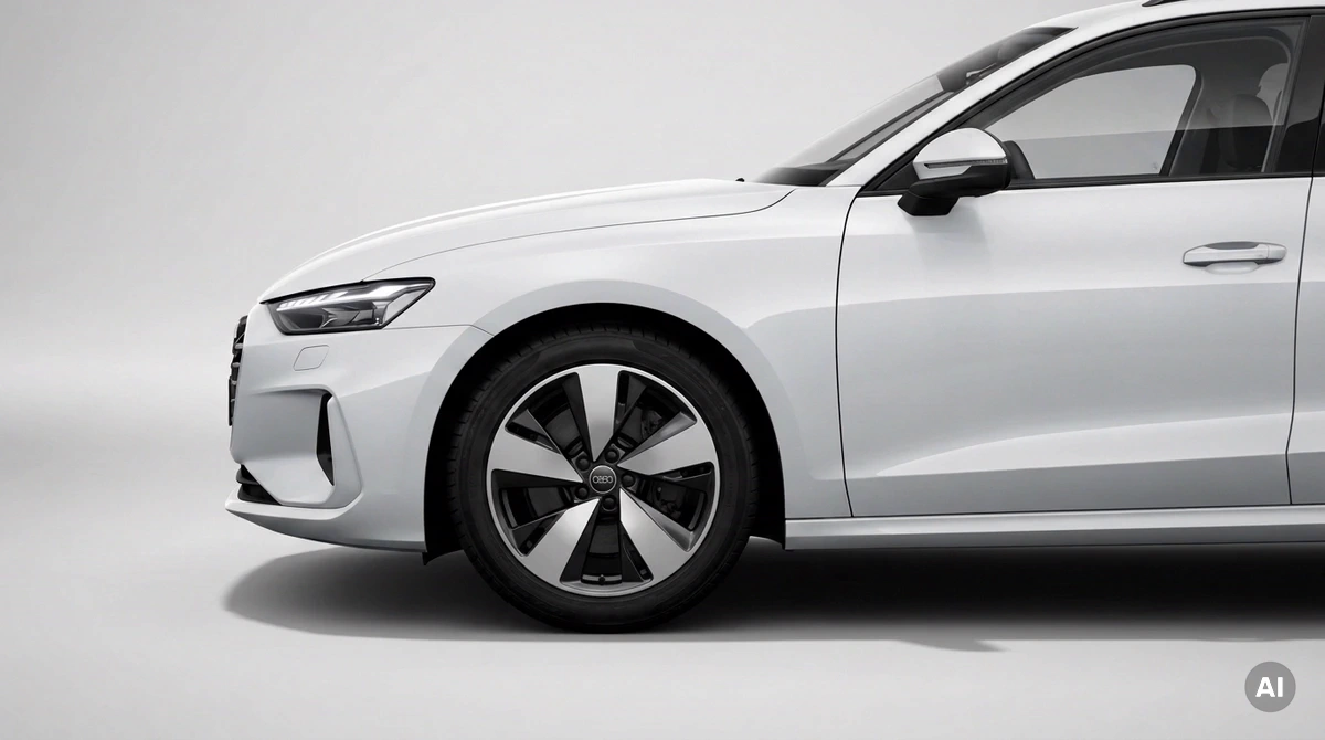 Audi A5 Avant B10 blanco con llanta original en diseño de 5 radios y 19 pulgadas, negra con las caras de los radios diamantadas, primer plano de la rueda delantera