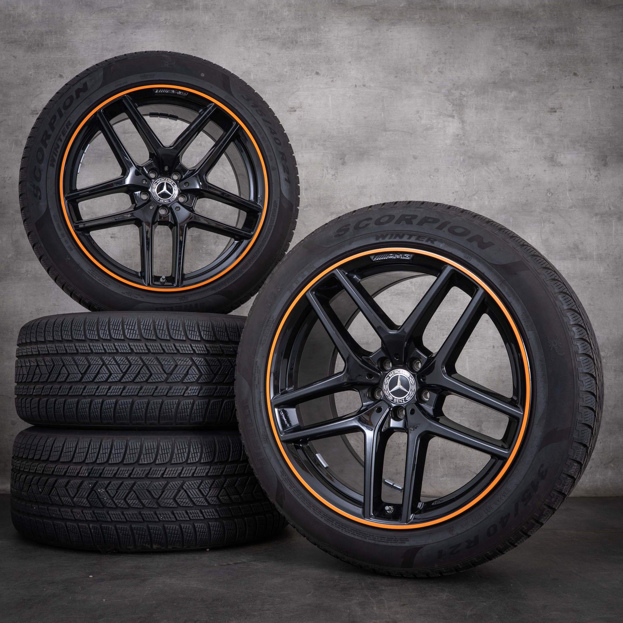 Pneus de inverno originais Mercedes-Benz GLE e 43 63 S AMG 21 polegadas, modelo C292, referências A2924012900 A2924011700, pretas brilhantes
