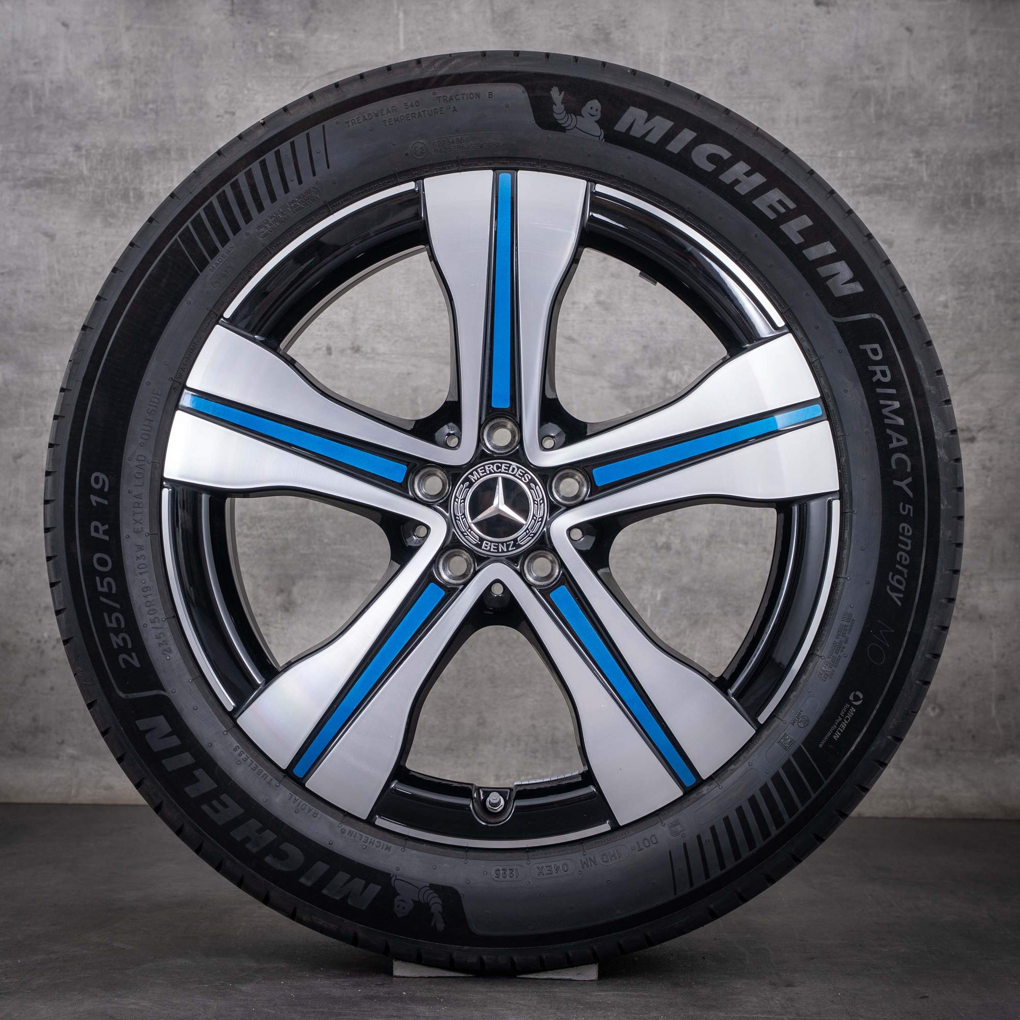Originale Mercedes-Benz EQA EQB-felger 19 tommer H243 X243 sommerhjul A2434011500 svart blå frontpolert