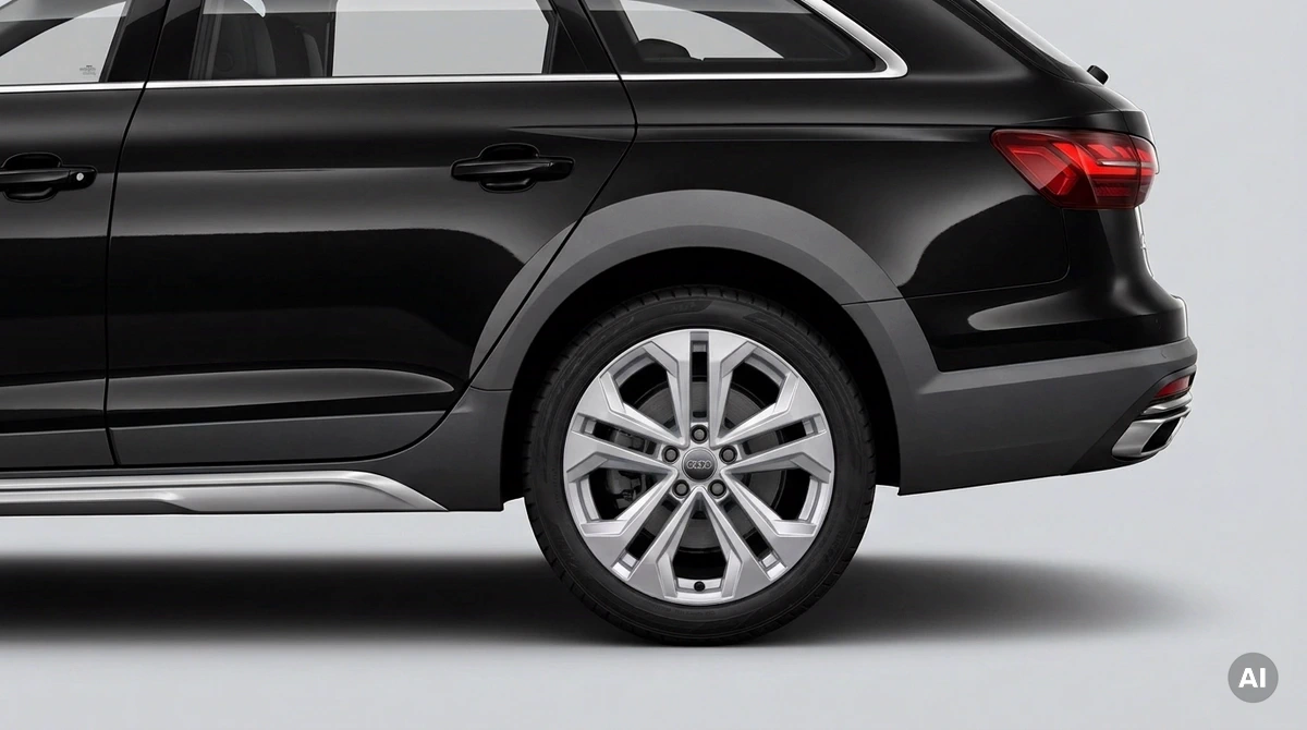 Audi A4 allroad quattro B9: stříbrný originální disk, design s dvojitými paprsky, velikost 18 palců, zadní kolo zblízka