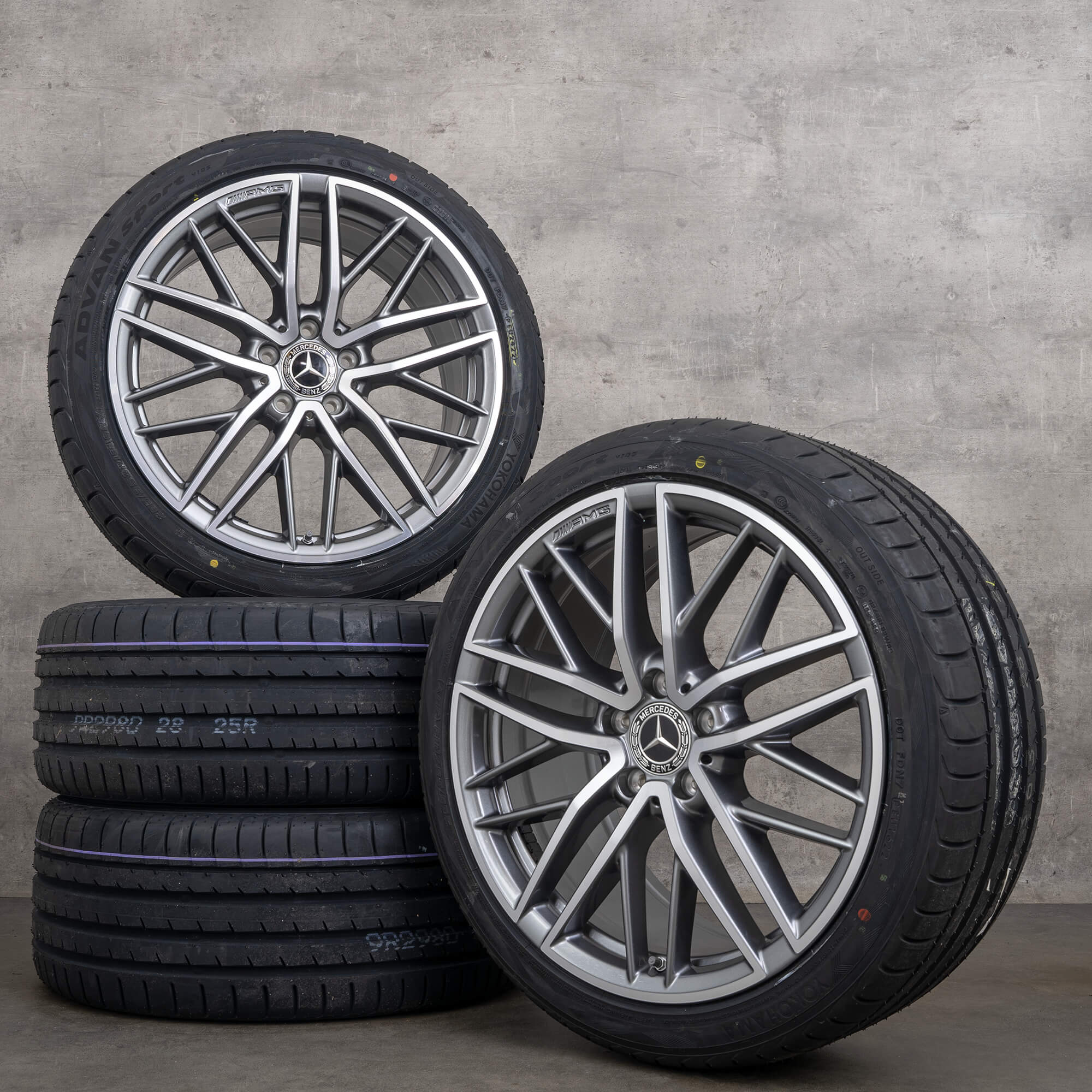 Originale Mercedes-Benz C-Klasse AMG C43-felger, 19 tommer, W206 S206, sommerhjul, A2064012300, A2064012400, himalaya grey, frontpolert
